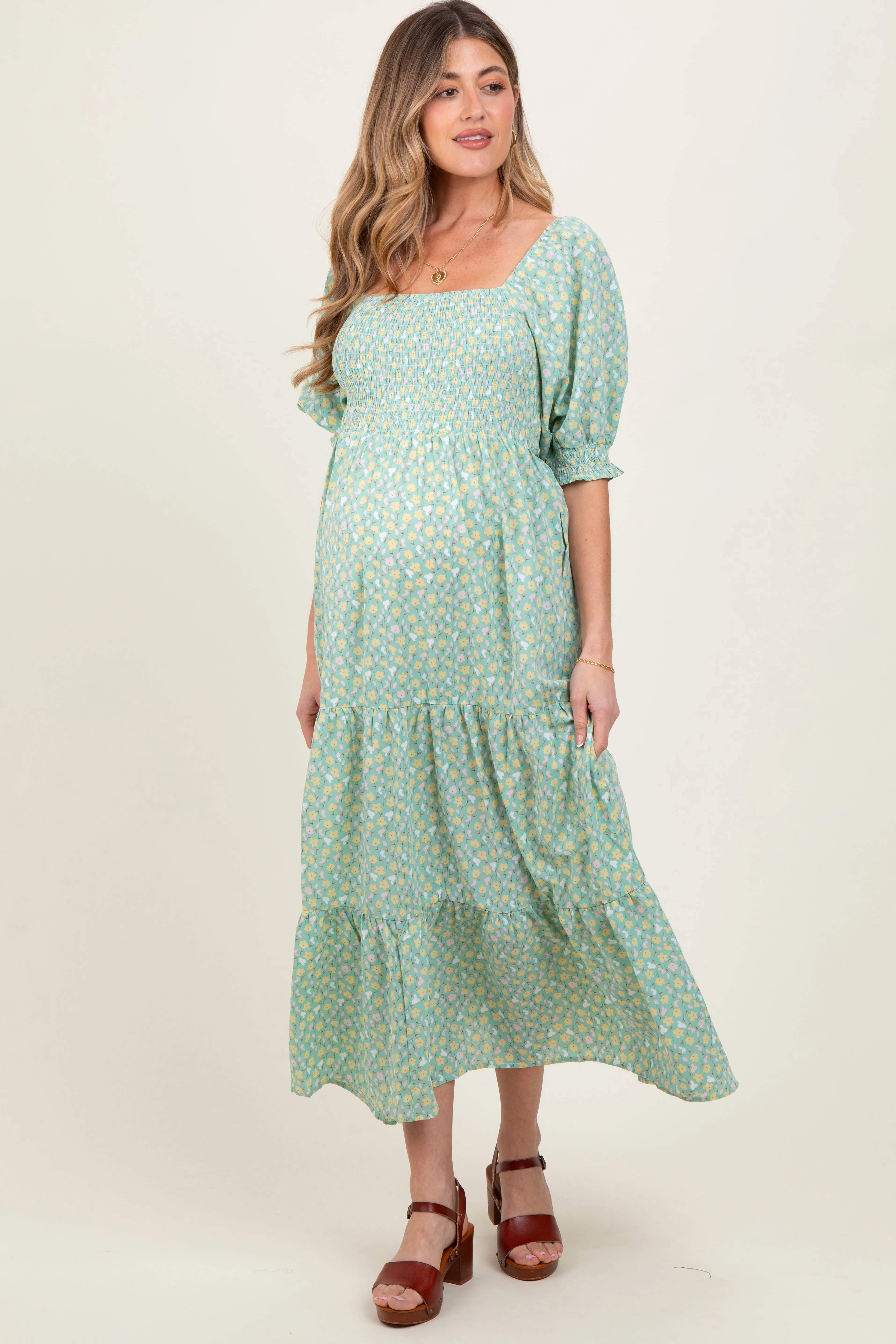 Mint Floral Smocked Tiered Maternity Maxi Dress sold by Pinkblush product image thumbnail 2