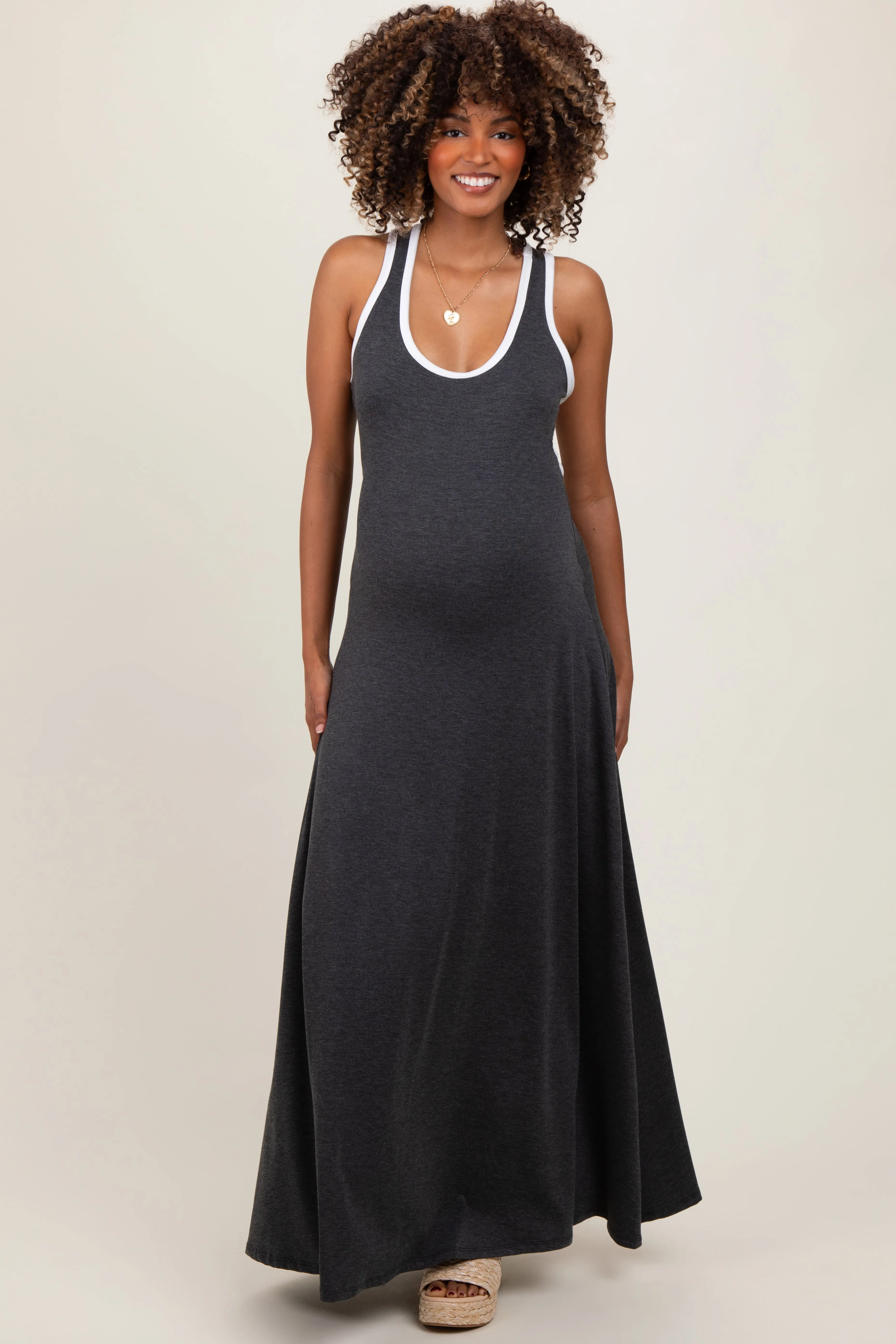 Charcoal Solid Open Back Sleeveless Maternity Maxi Dress sold by Pinkblush