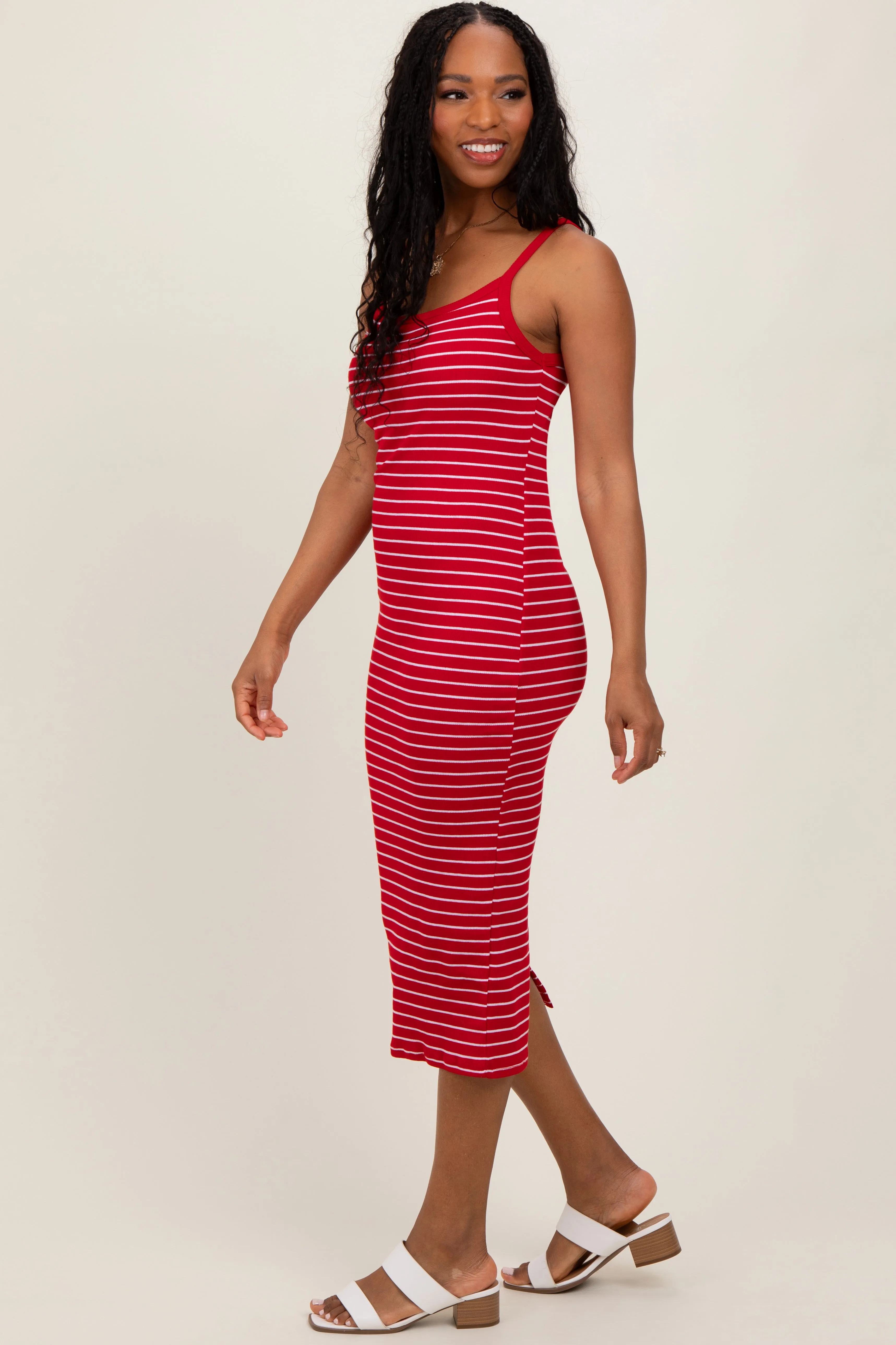 Red Striped Thin Strap Fitted Midi Dress sold by Pinkblush product image thumbnail 3