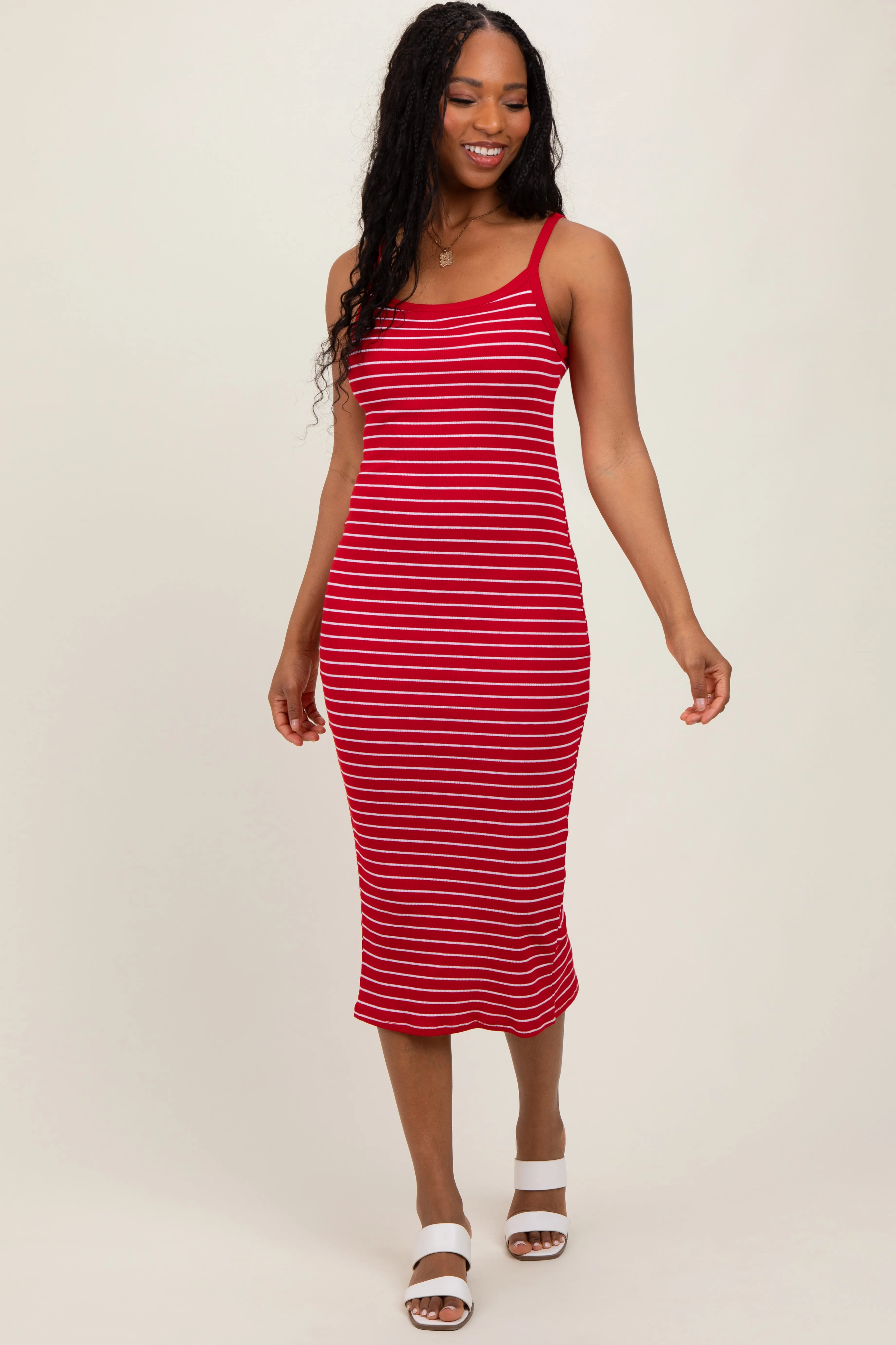 Red Striped Thin Strap Fitted Midi Dress sold by Pinkblush