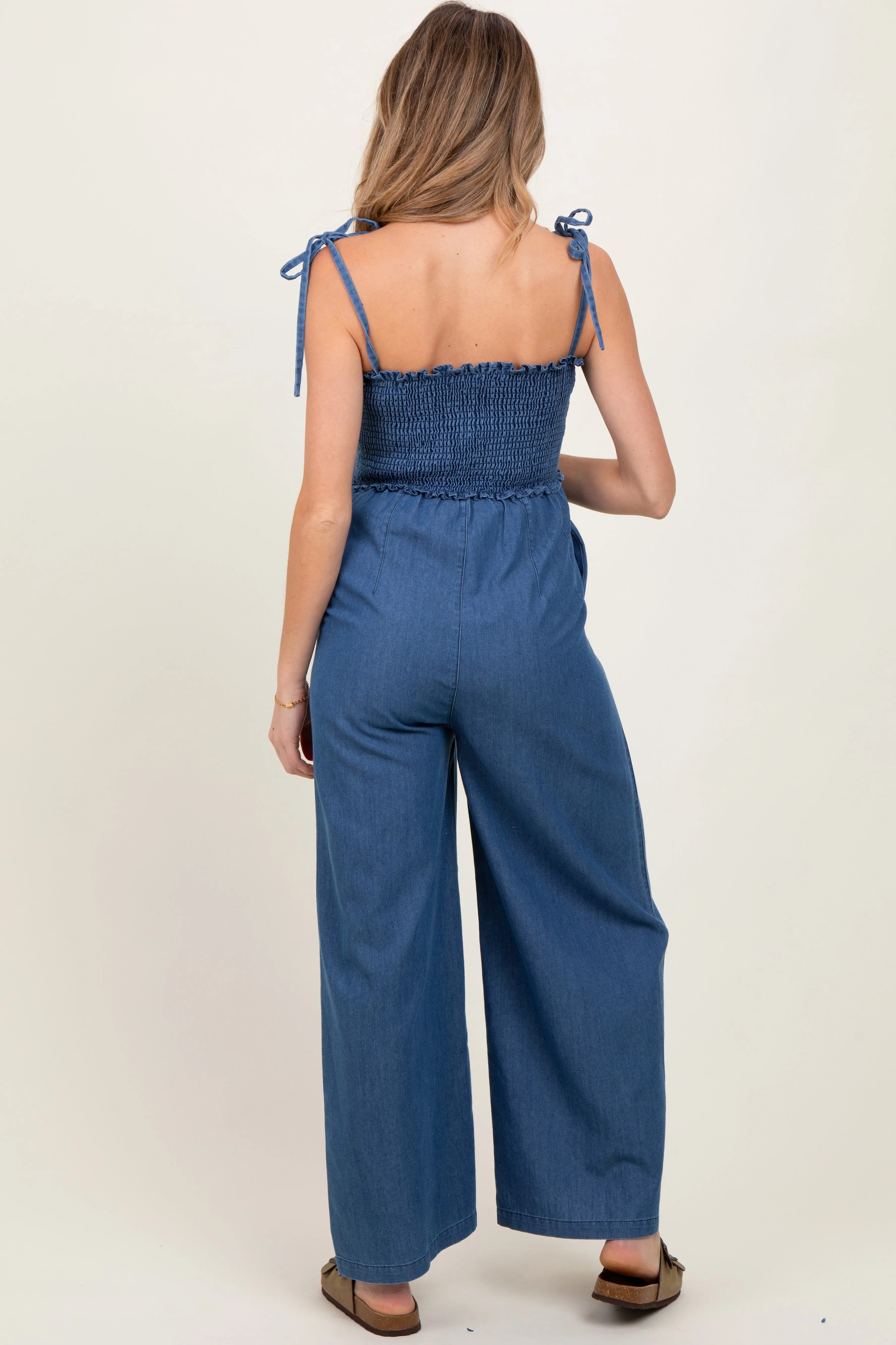Blue Chambray Shoulder Tie Smocked Maternity Jumpsuit sold by Pinkblush product image thumbnail 3