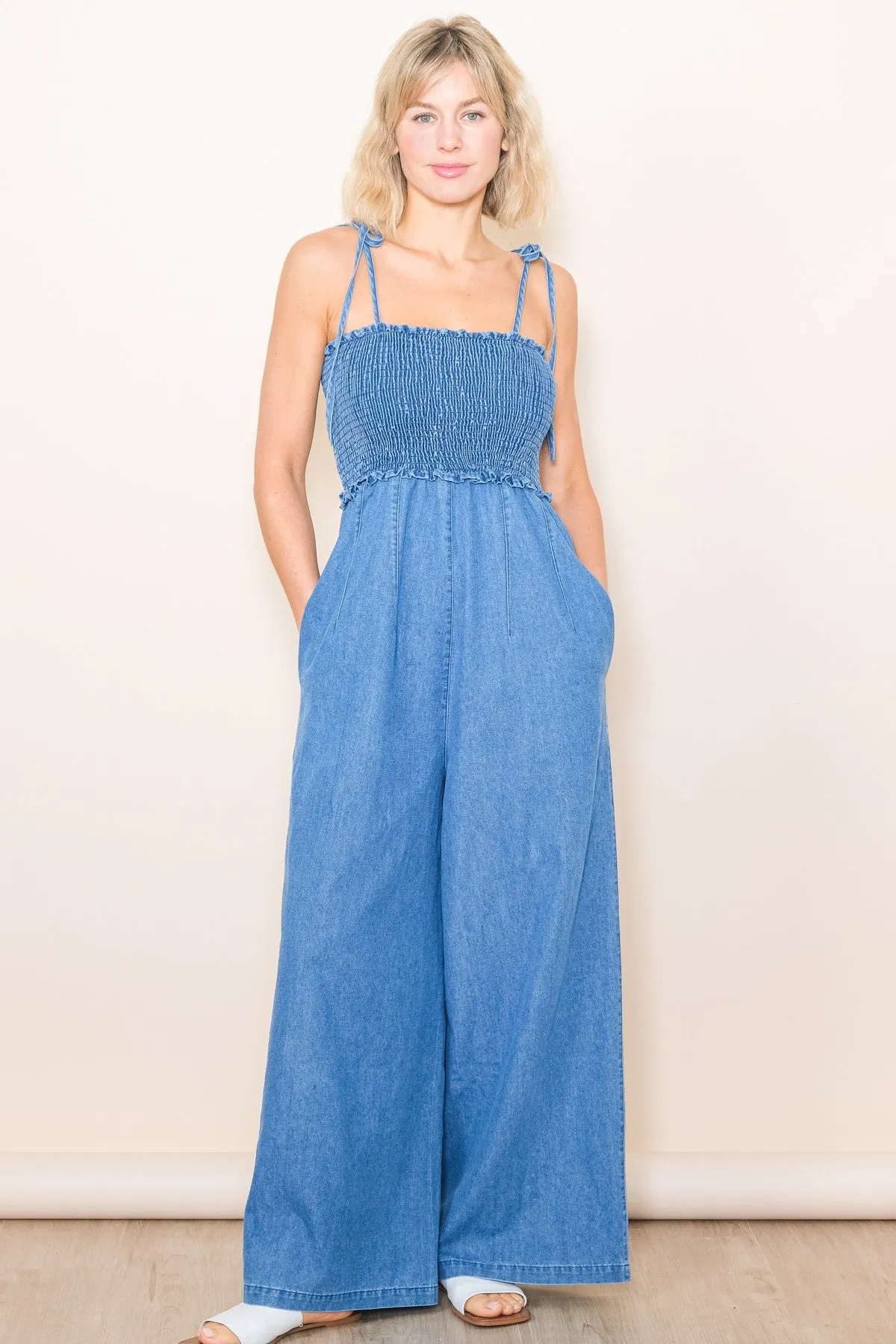 Blue Chambray Shoulder Tie Smocked Maternity Jumpsuit sold by Pinkblush product image thumbnail 4
