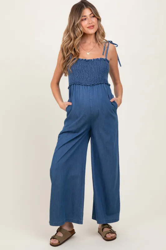 Blue Chambray Shoulder Tie Smocked Maternity Jumpsuit sold by Pinkblush