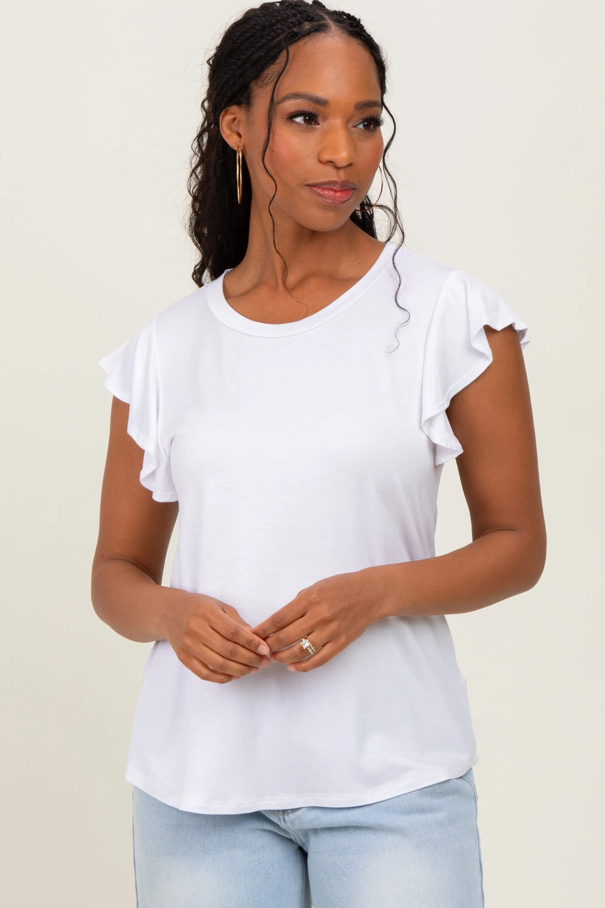 White Basic Short Flutter Sleeve Maternity Tee sold by Pinkblush