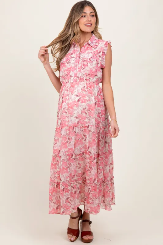 Pink Floral Print Chiffon Tiered Maternity Maxi Dress sold by Pinkblush