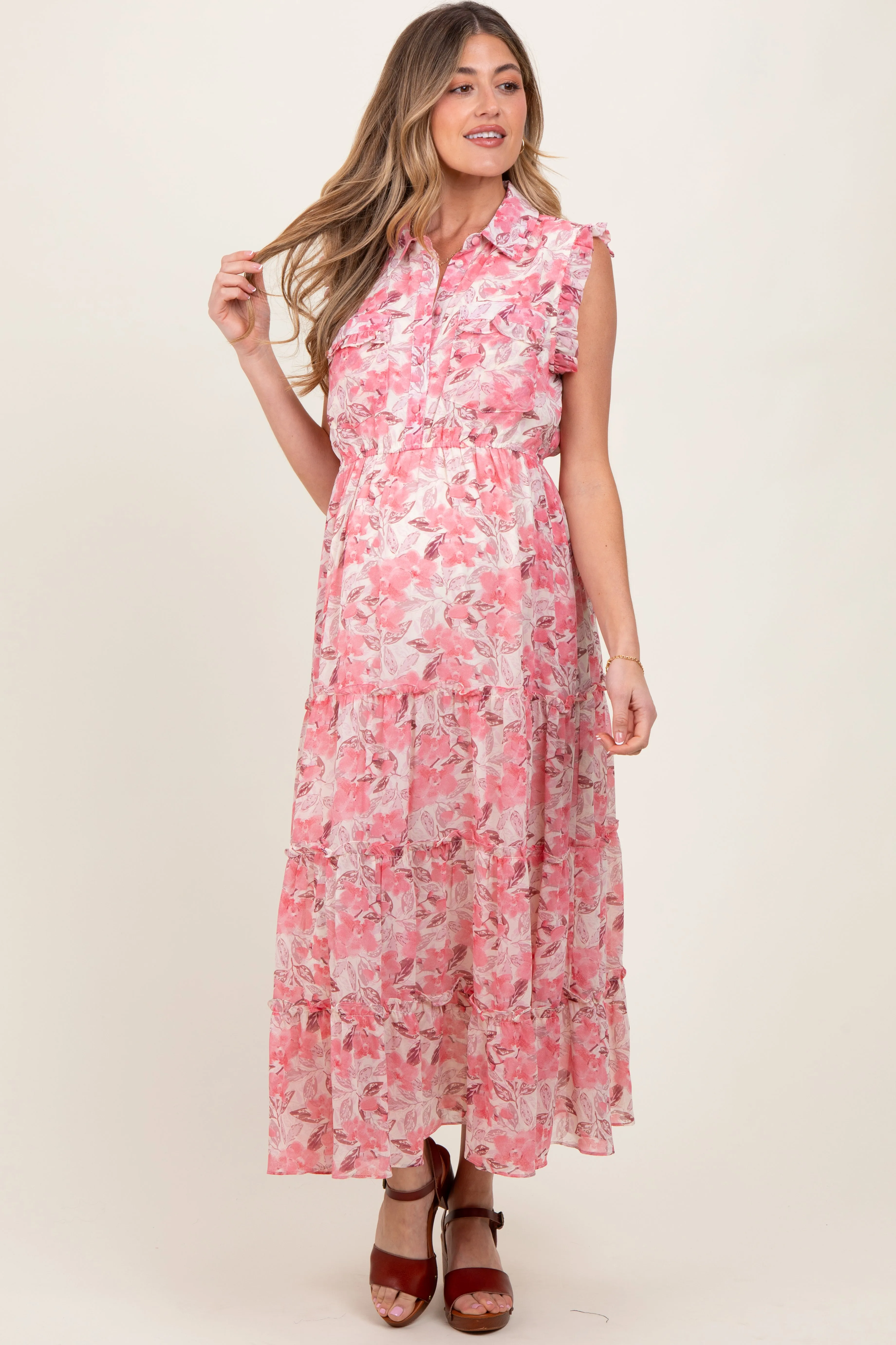 Pink Floral Print Chiffon Tiered Maternity Maxi Dress sold by Pinkblush