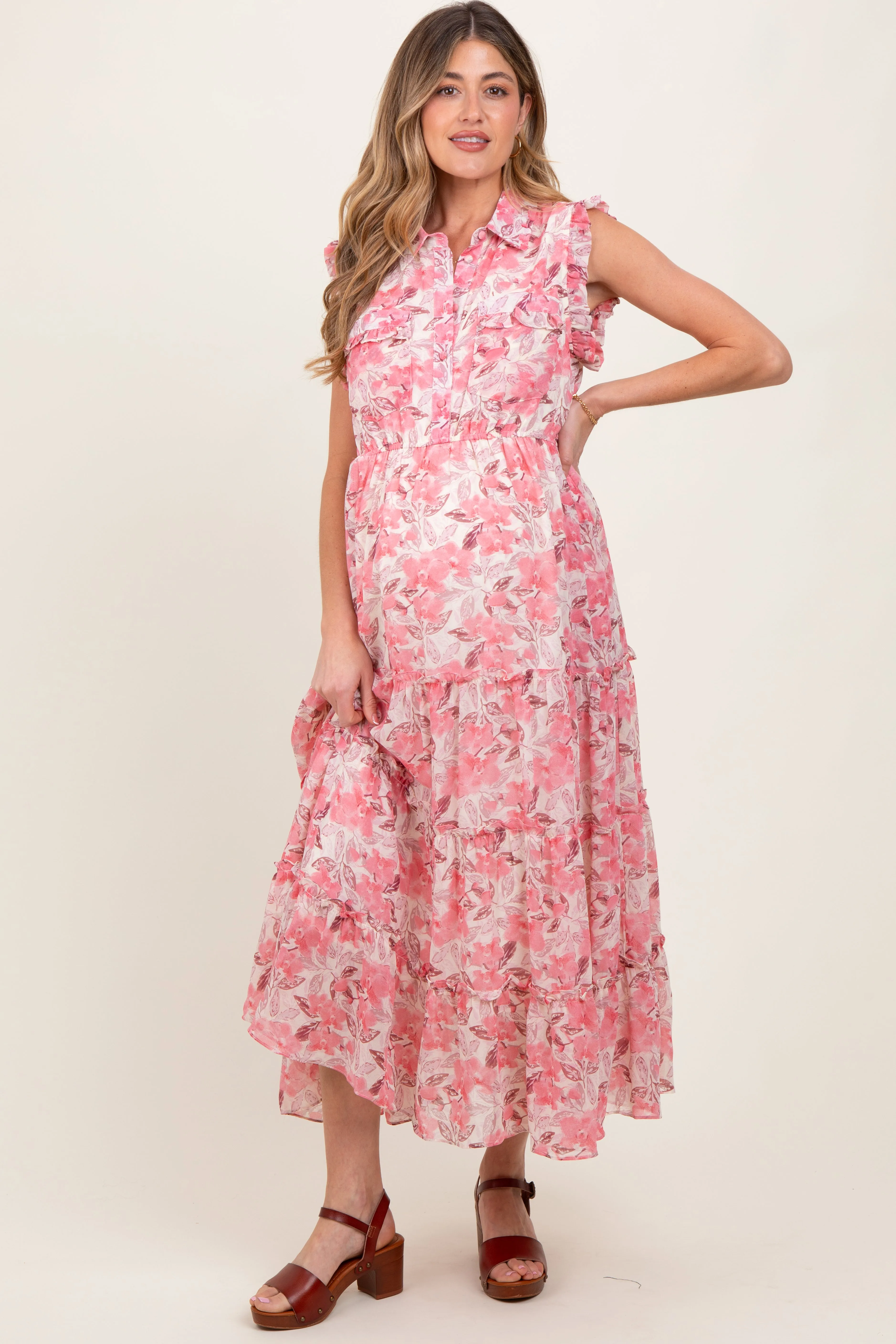 Pink Floral Print Chiffon Tiered Maternity Maxi Dress sold by Pinkblush product image thumbnail 2