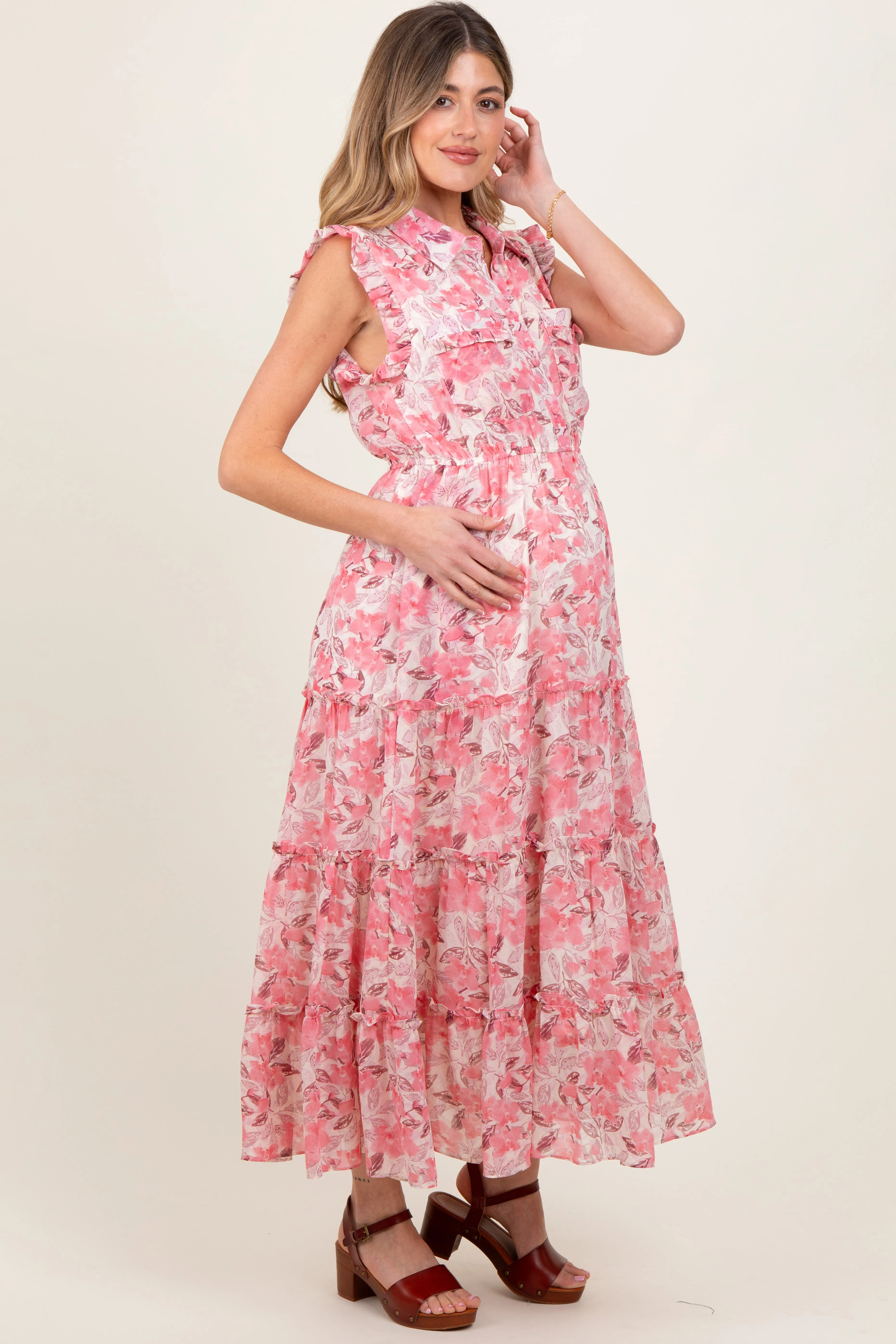 Pink Floral Print Chiffon Tiered Maternity Maxi Dress sold by Pinkblush product image thumbnail 3