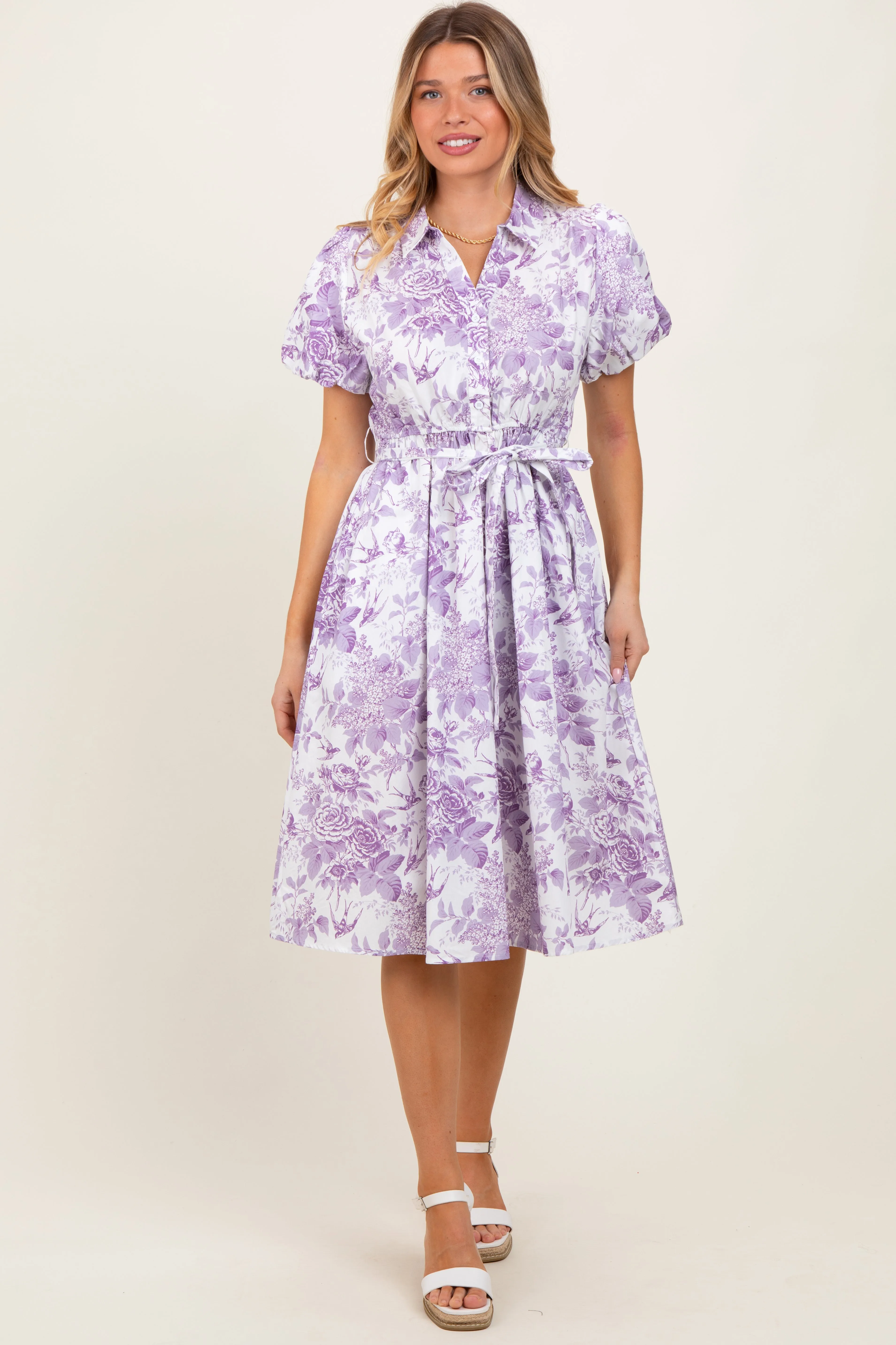 Lavender Floral Print Belted Maternity Midi Dress sold by Pinkblush product image thumbnail 3