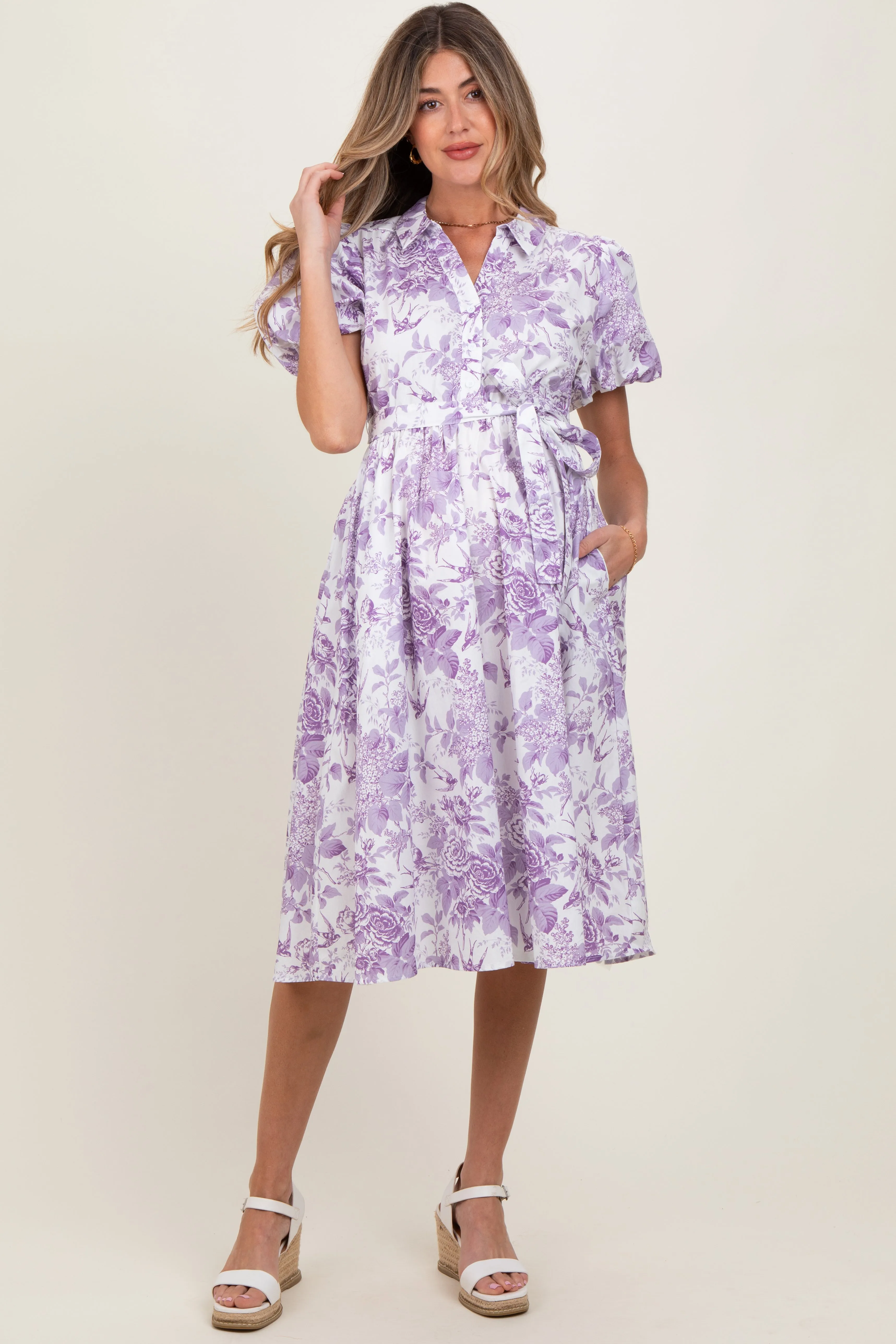 Lavender Floral Print Belted Maternity Midi Dress sold by Pinkblush