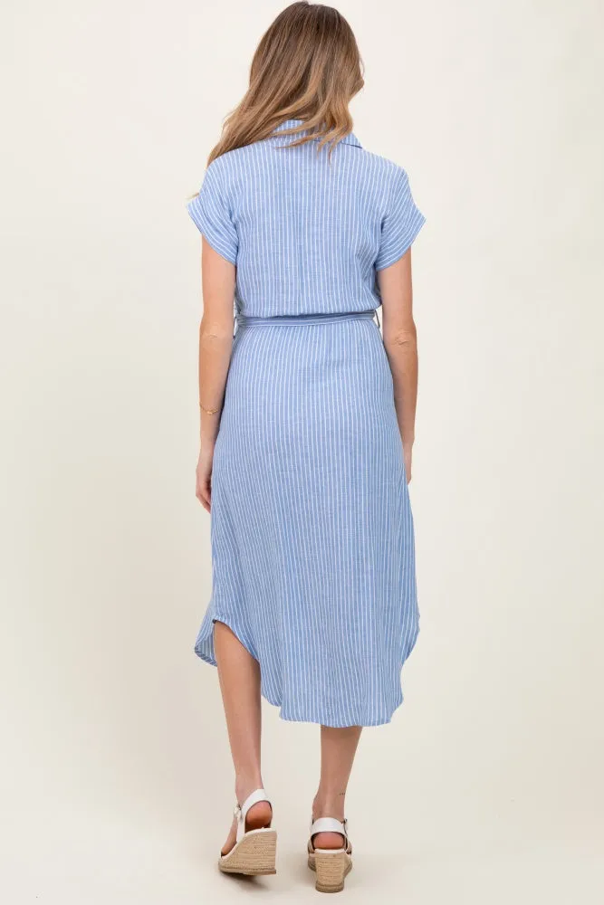 Blue Striped Sash Tie Maternity Midi Shirt Dress sold by Pinkblush product image thumbnail 4