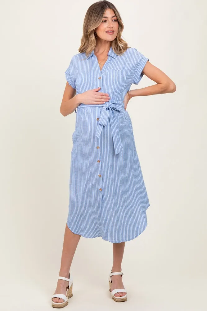 Blue Striped Sash Tie Maternity Midi Shirt Dress sold by Pinkblush