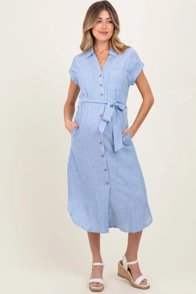 Blue Striped Sash Tie Maternity Midi Shirt Dress sold by Pinkblush product image thumbnail 2