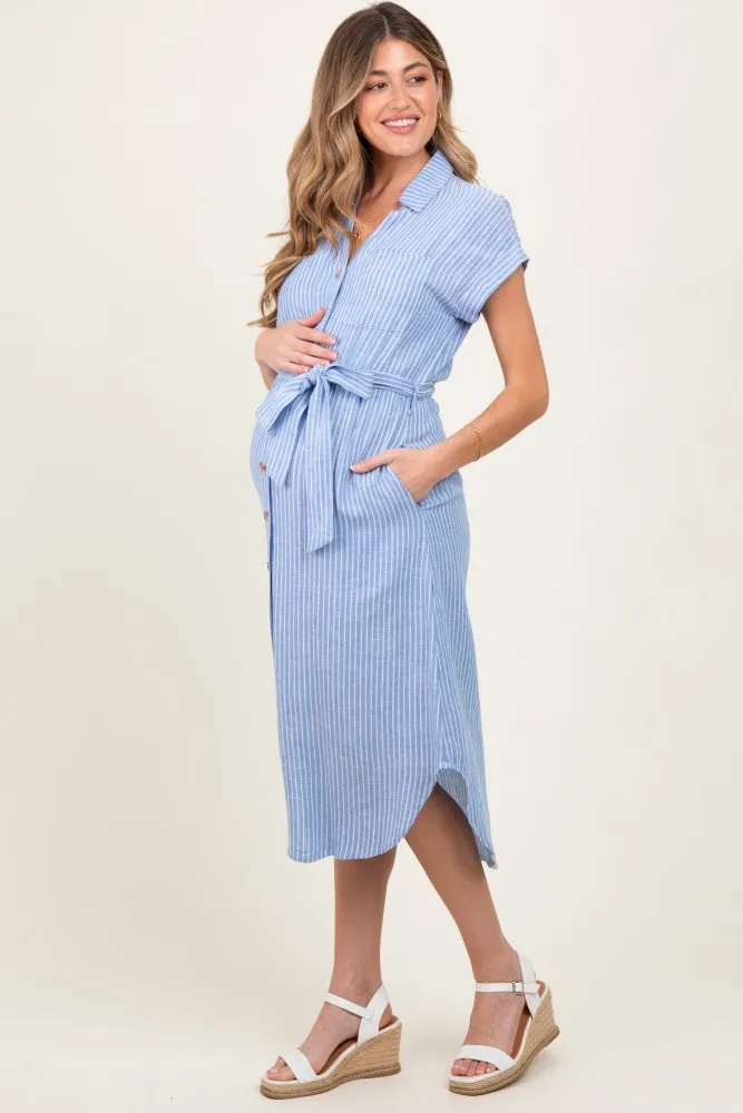 Blue Striped Sash Tie Maternity Midi Shirt Dress sold by Pinkblush product image thumbnail 3