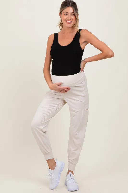 Cream Cargo Pocket Maternity Jogger Pants sold by Pinkblush