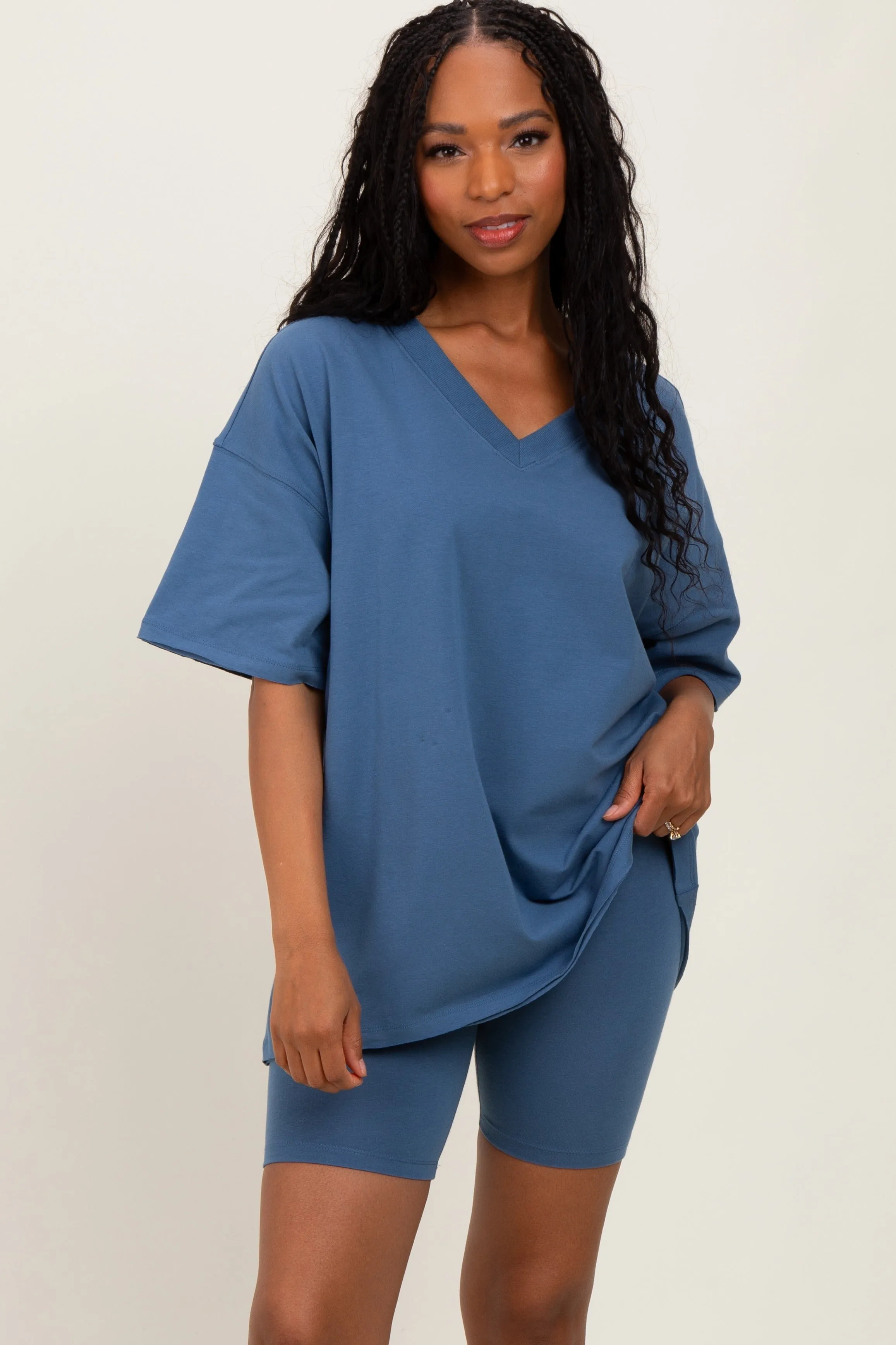 Blue Oversized V-Neck Biker Short Set sold by Pinkblush