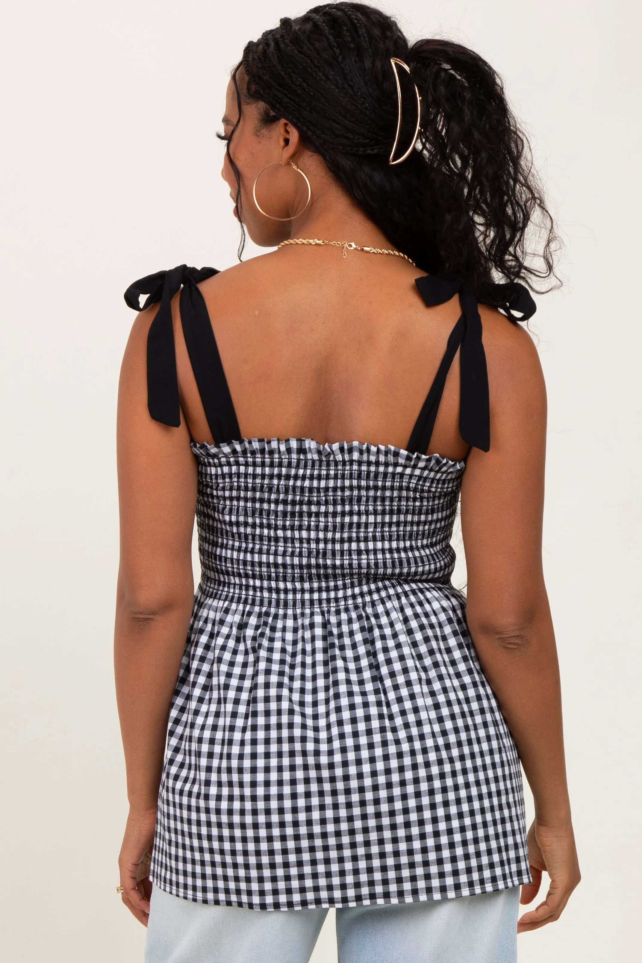 Black Gingham Smocked Shoulder Tie Top sold by Pinkblush product image thumbnail 4