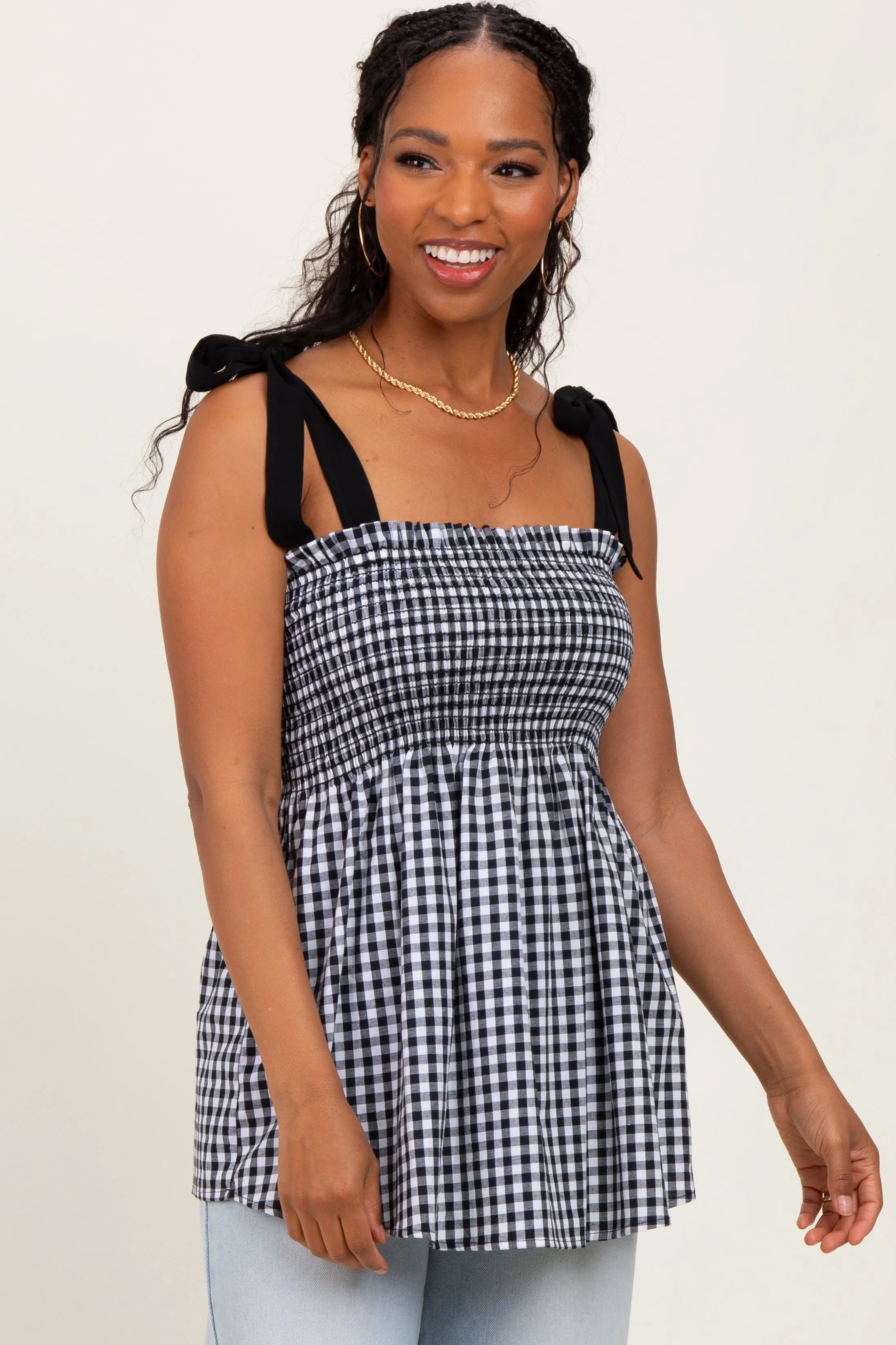 Black Gingham Smocked Shoulder Tie Top sold by Pinkblush product image thumbnail 2