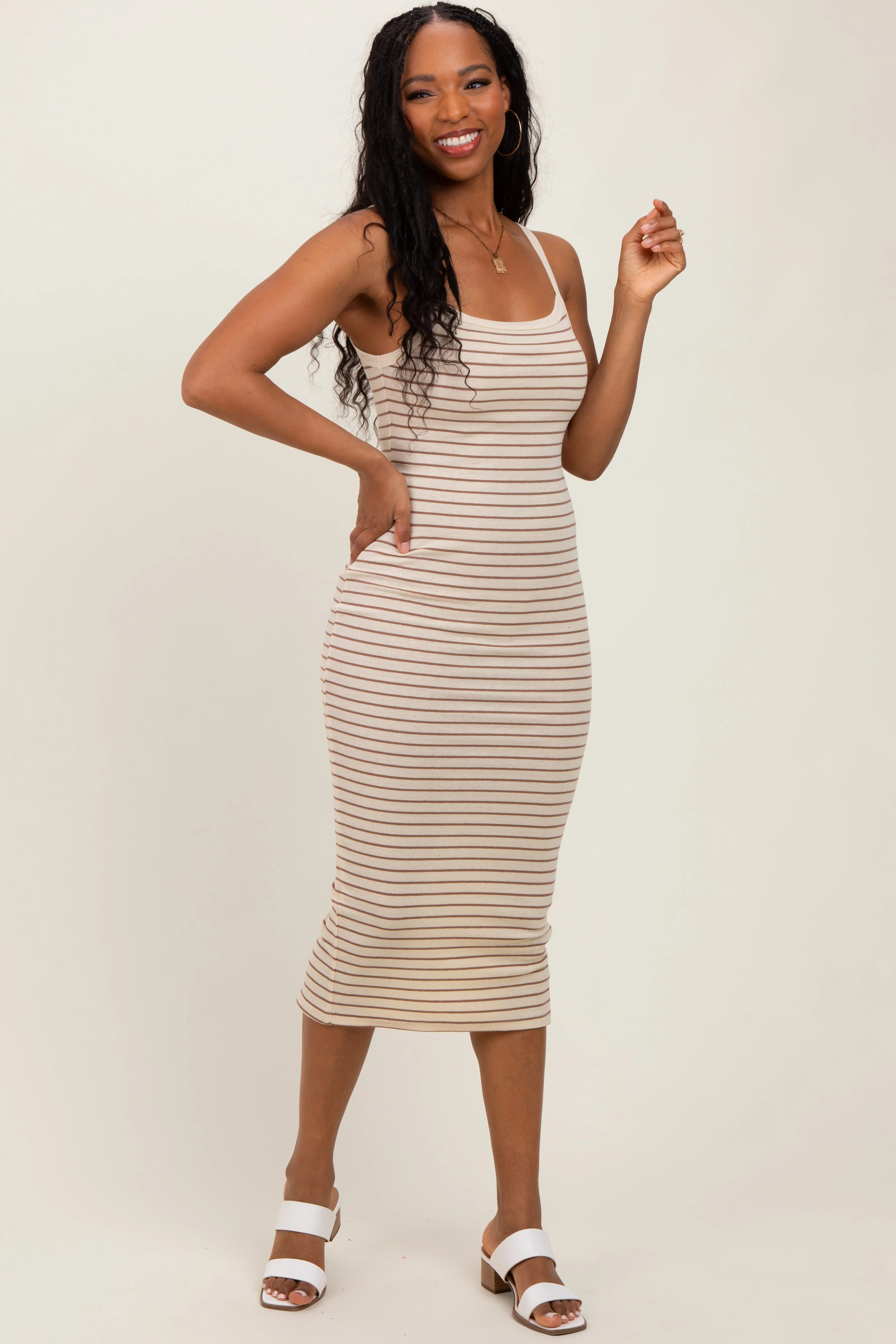 Cream Striped Thin Strap Fitted Midi Dress sold by Pinkblush product image thumbnail 2