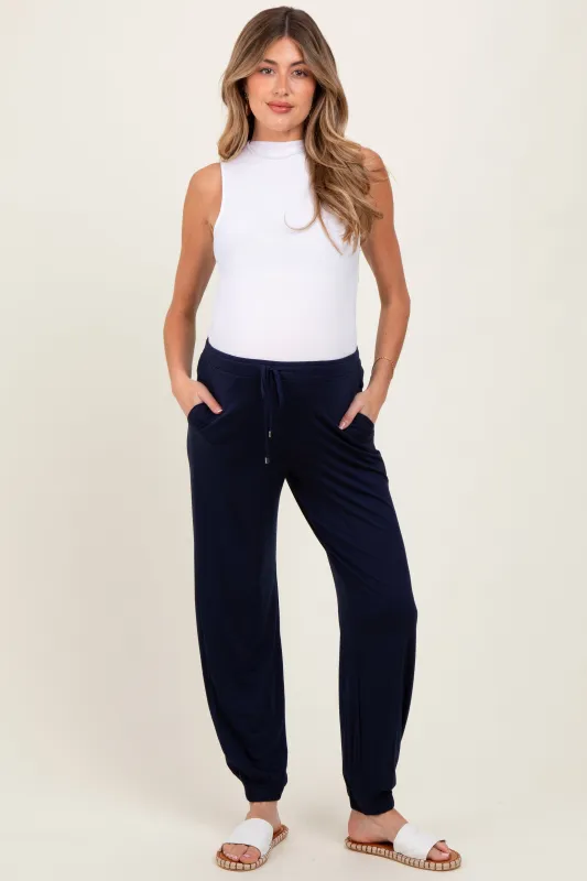 Navy Drawstring Maternity Jogger Pants sold by Pinkblush