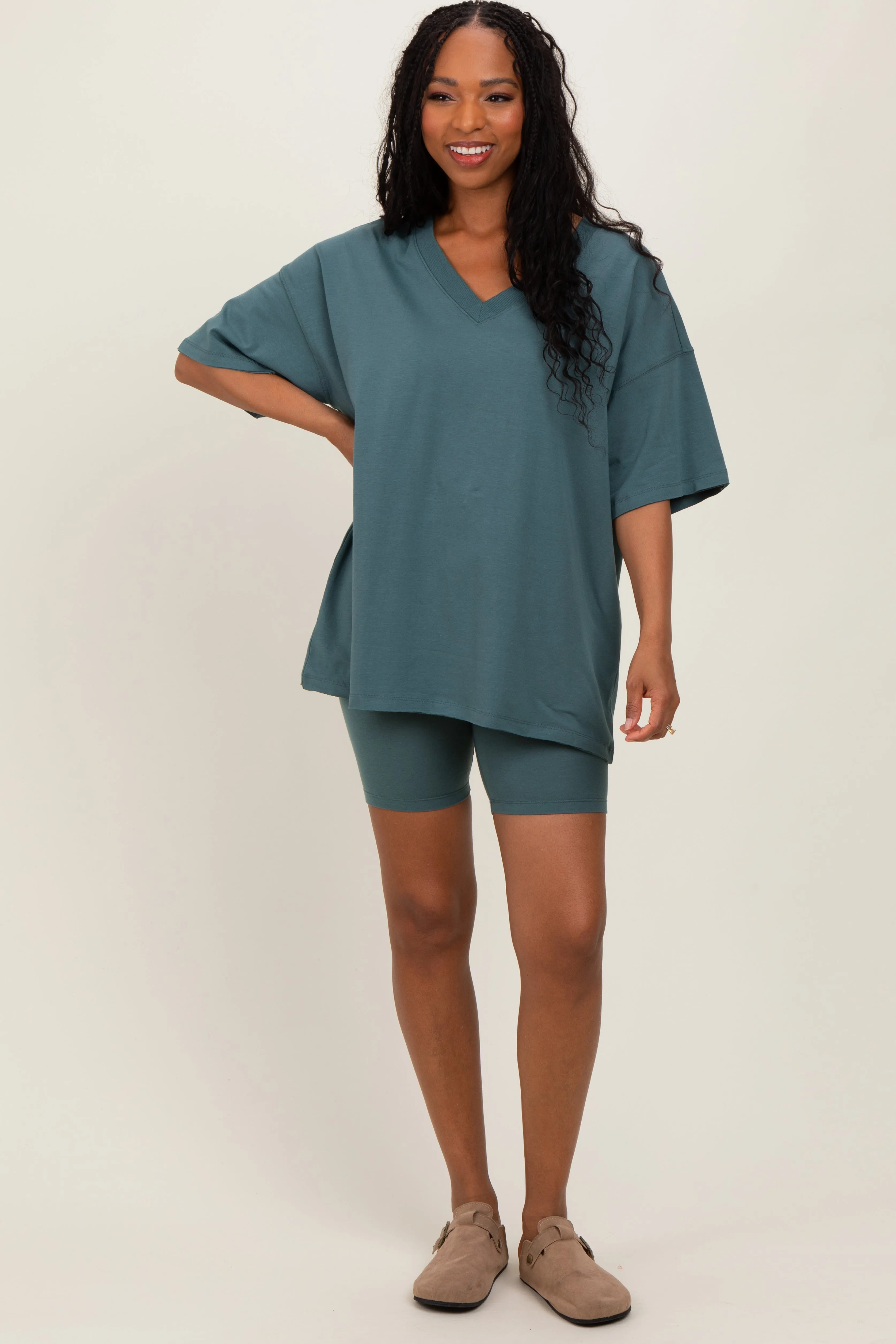 Light Olive Oversized V-Neck Biker Short Set sold by Pinkblush product image thumbnail 2