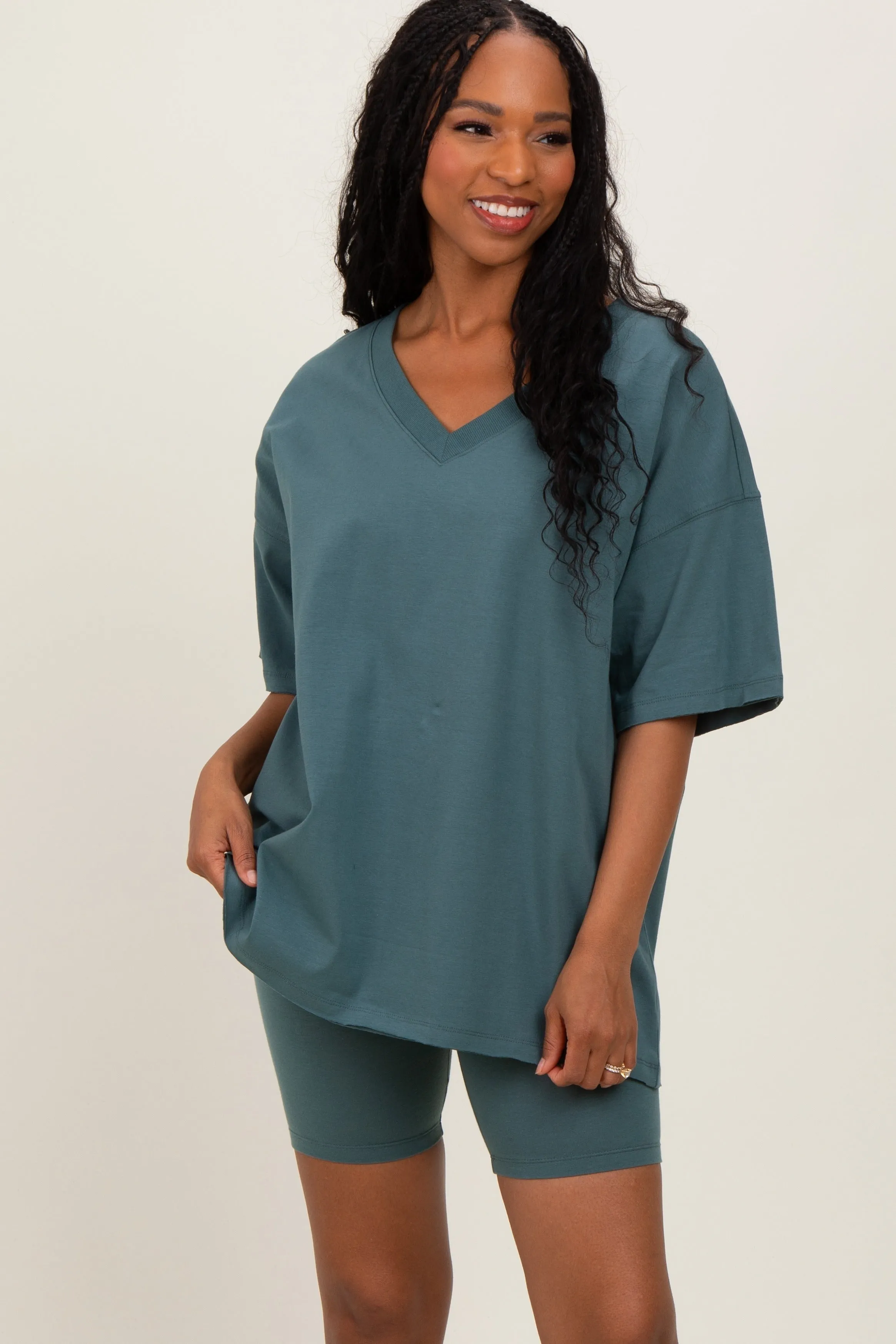 Light Olive Oversized V-Neck Biker Short Set sold by Pinkblush