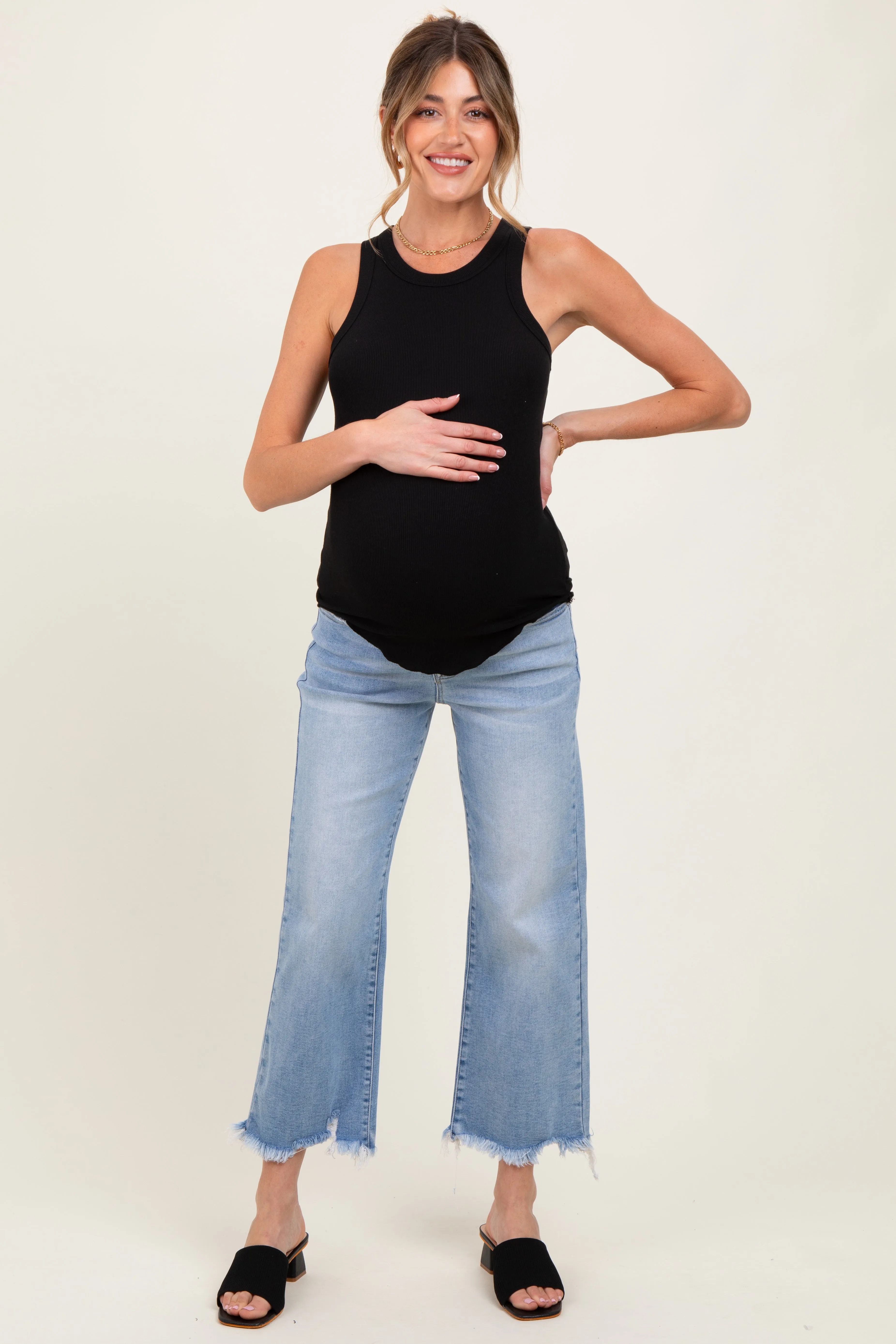 Light Blue Fringe Hem Cropped Straight Leg Maternity Jeans sold by Pinkblush product image thumbnail 2