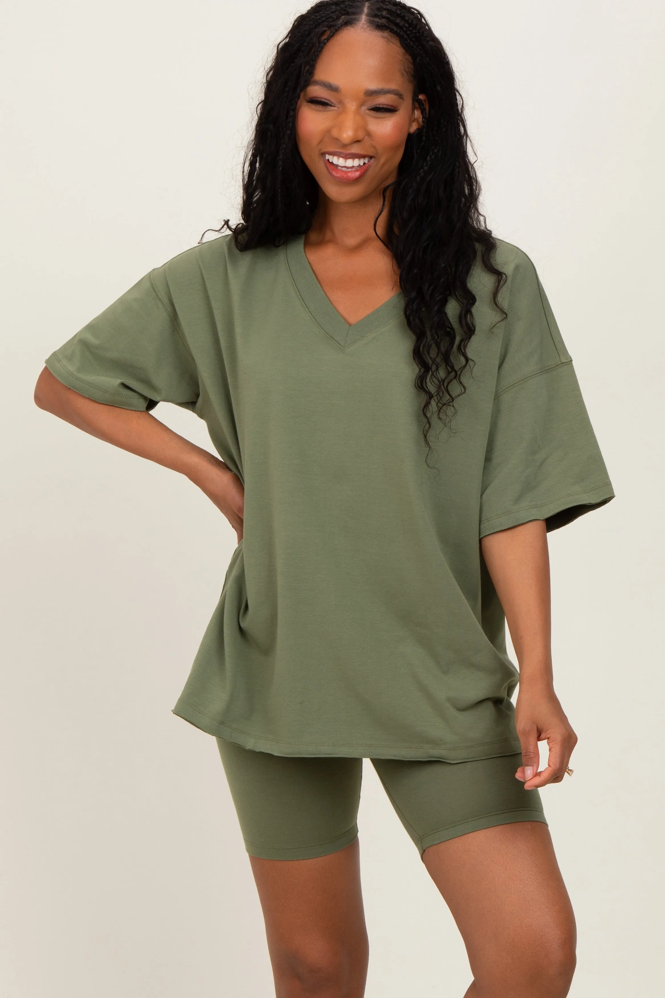 Olive Oversized V-Neck Biker Short Set sold by Pinkblush