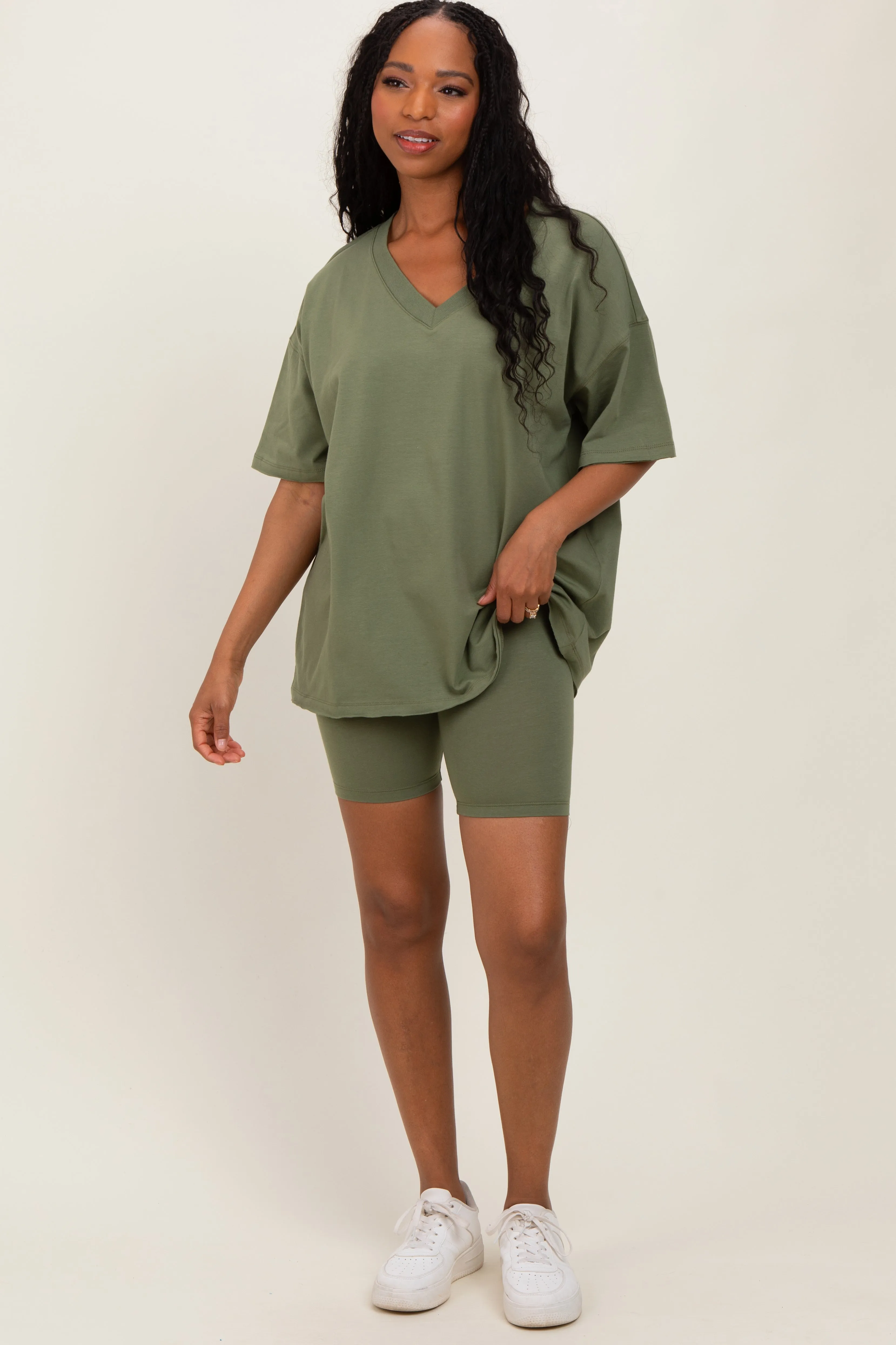 Olive Oversized V-Neck Biker Short Set sold by Pinkblush product image thumbnail 2