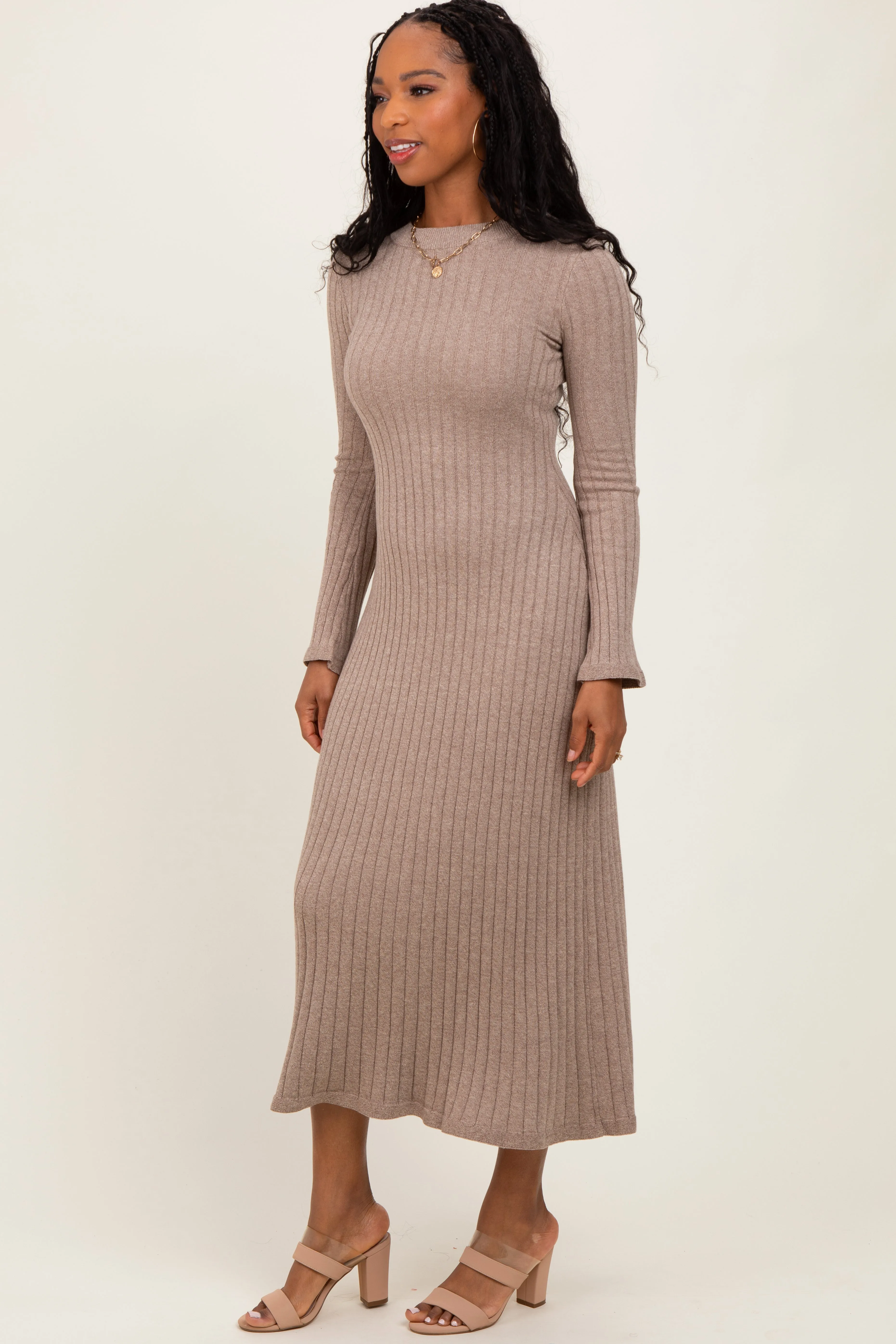Light Mocha Ribbed Knit Midi Sweater Dress sold by Pinkblush product image thumbnail 3