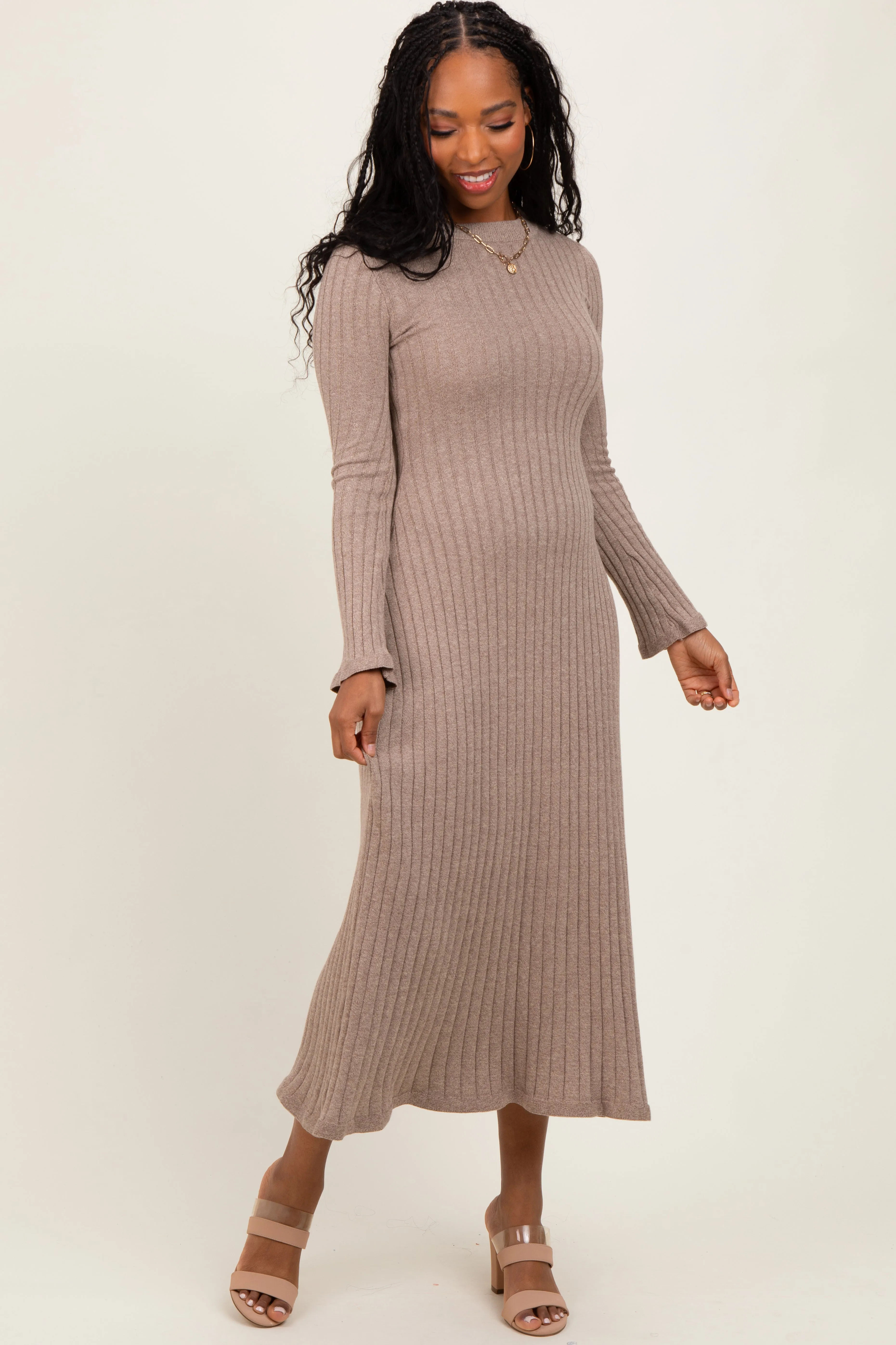 Light Mocha Ribbed Knit Midi Sweater Dress sold by Pinkblush