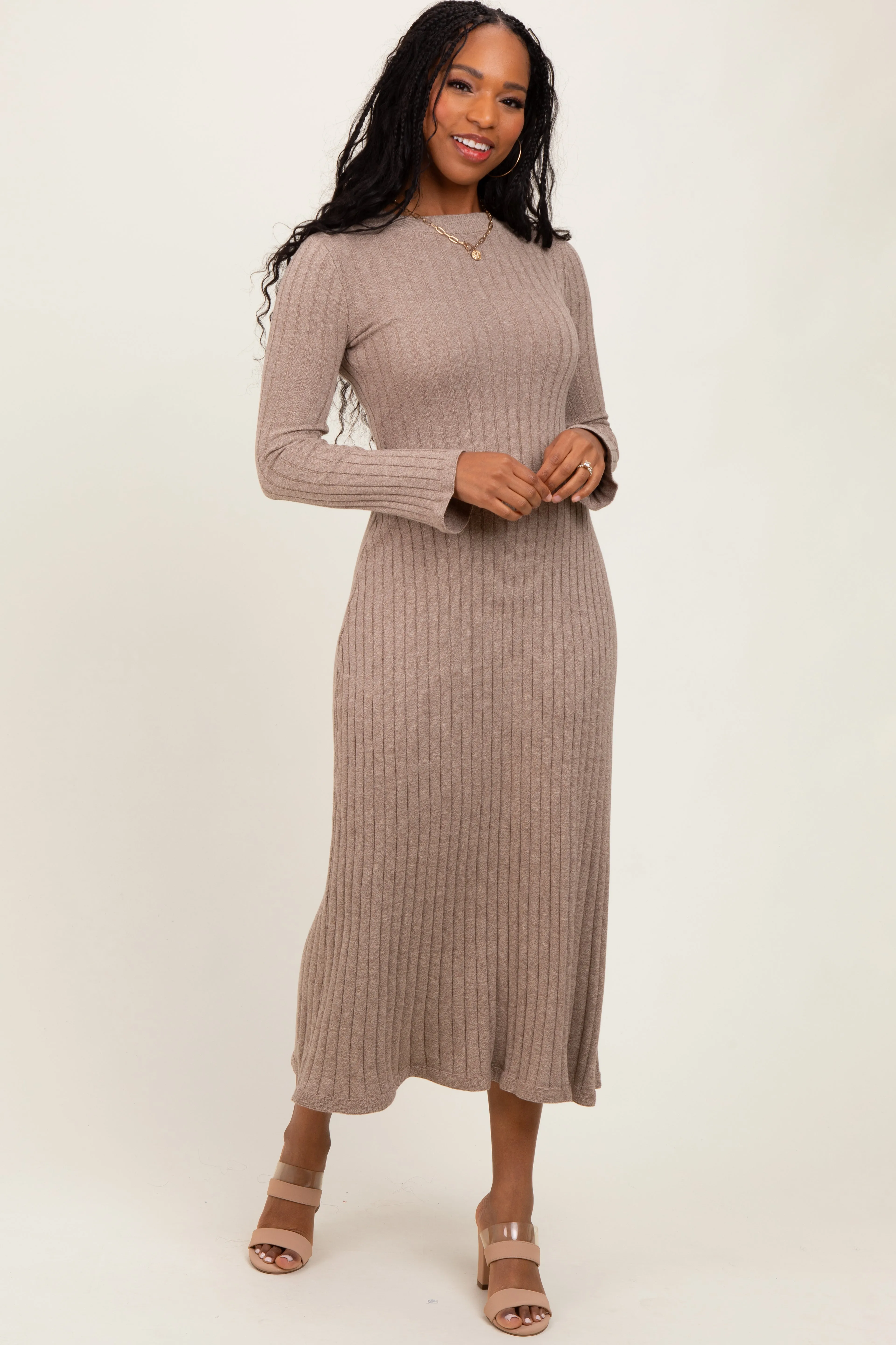 Light Mocha Ribbed Knit Midi Sweater Dress sold by Pinkblush product image thumbnail 2