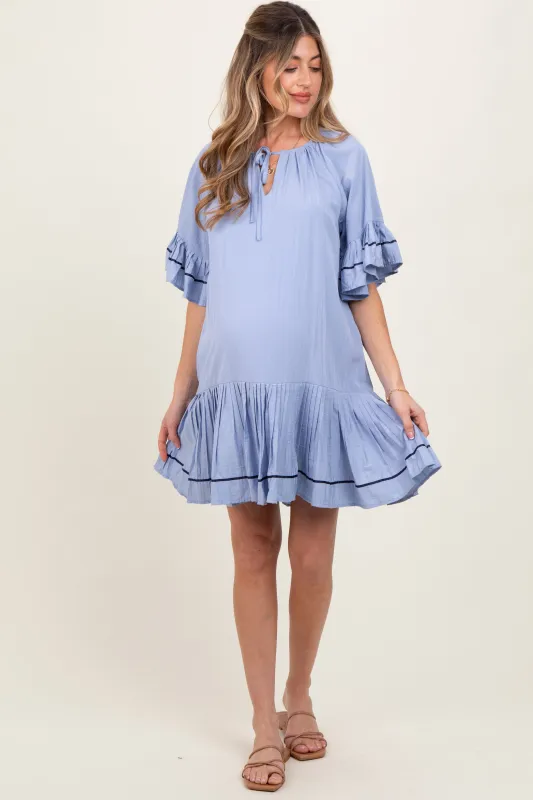 Light Blue Solid Short Sleeve Pocketed Maternity Dress sold by Pinkblush