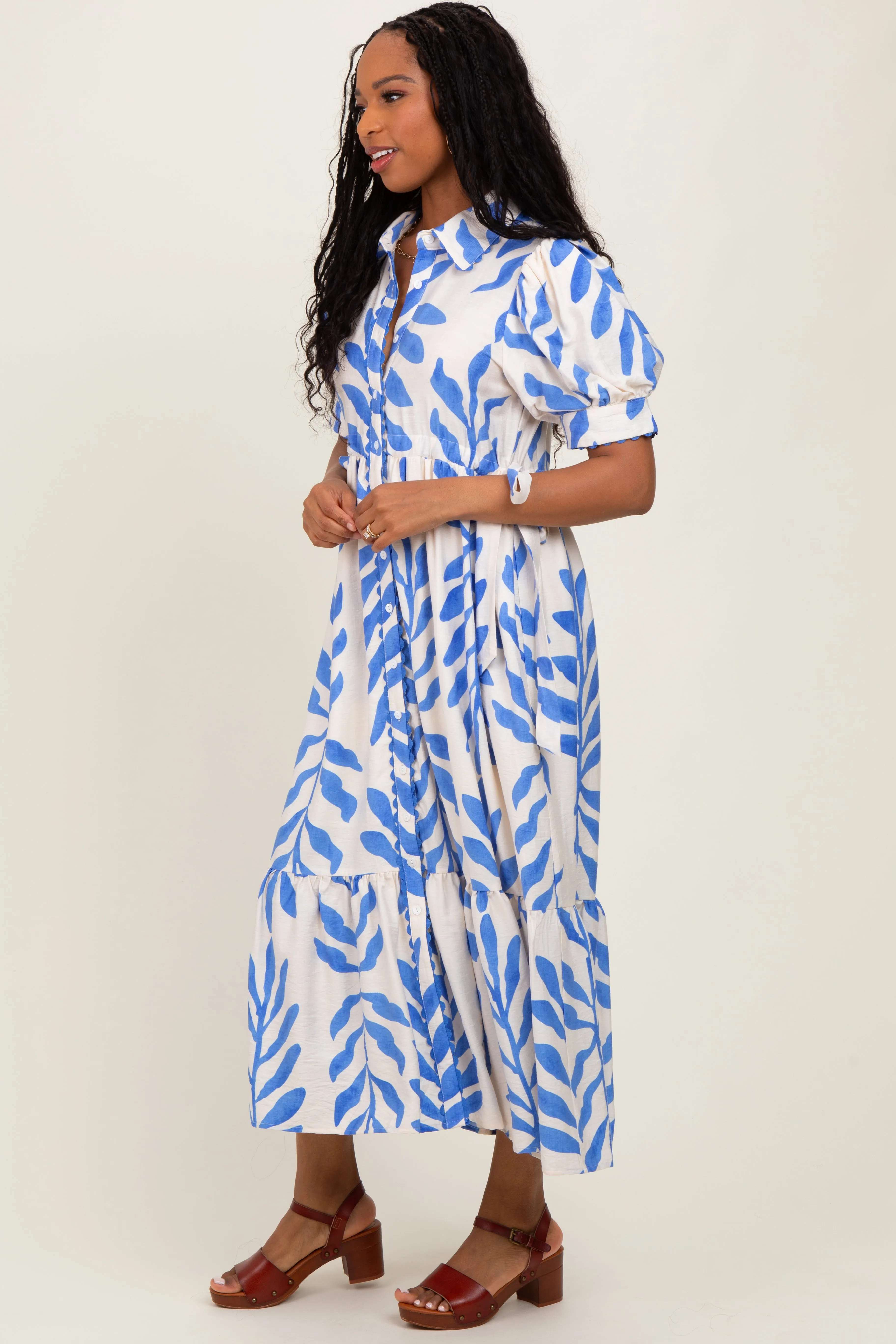 Blue Leaf Print Scallop Trim Midi Shirt Dress sold by Pinkblush product image thumbnail 3
