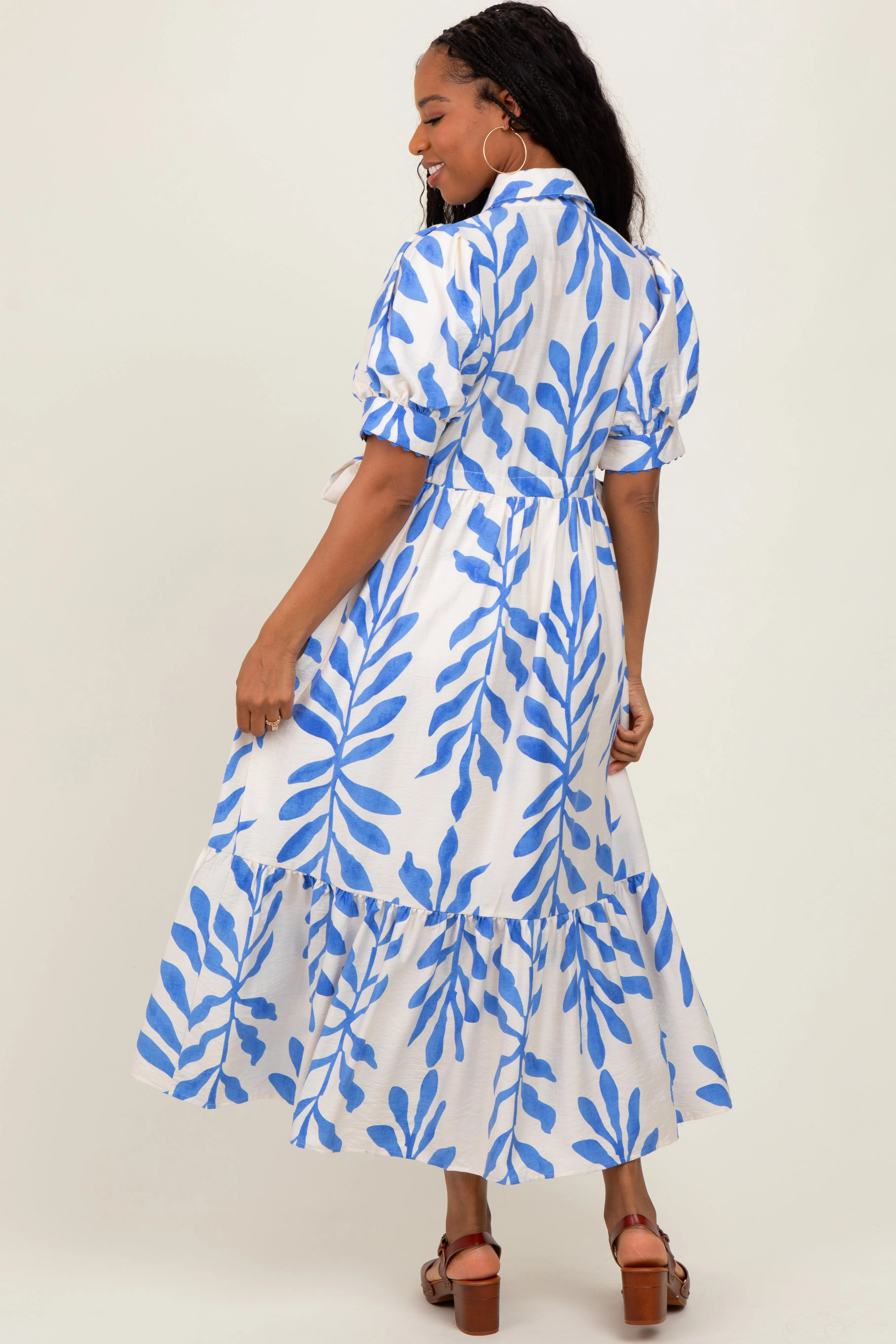 Blue Leaf Print Scallop Trim Midi Shirt Dress sold by Pinkblush product image thumbnail 4