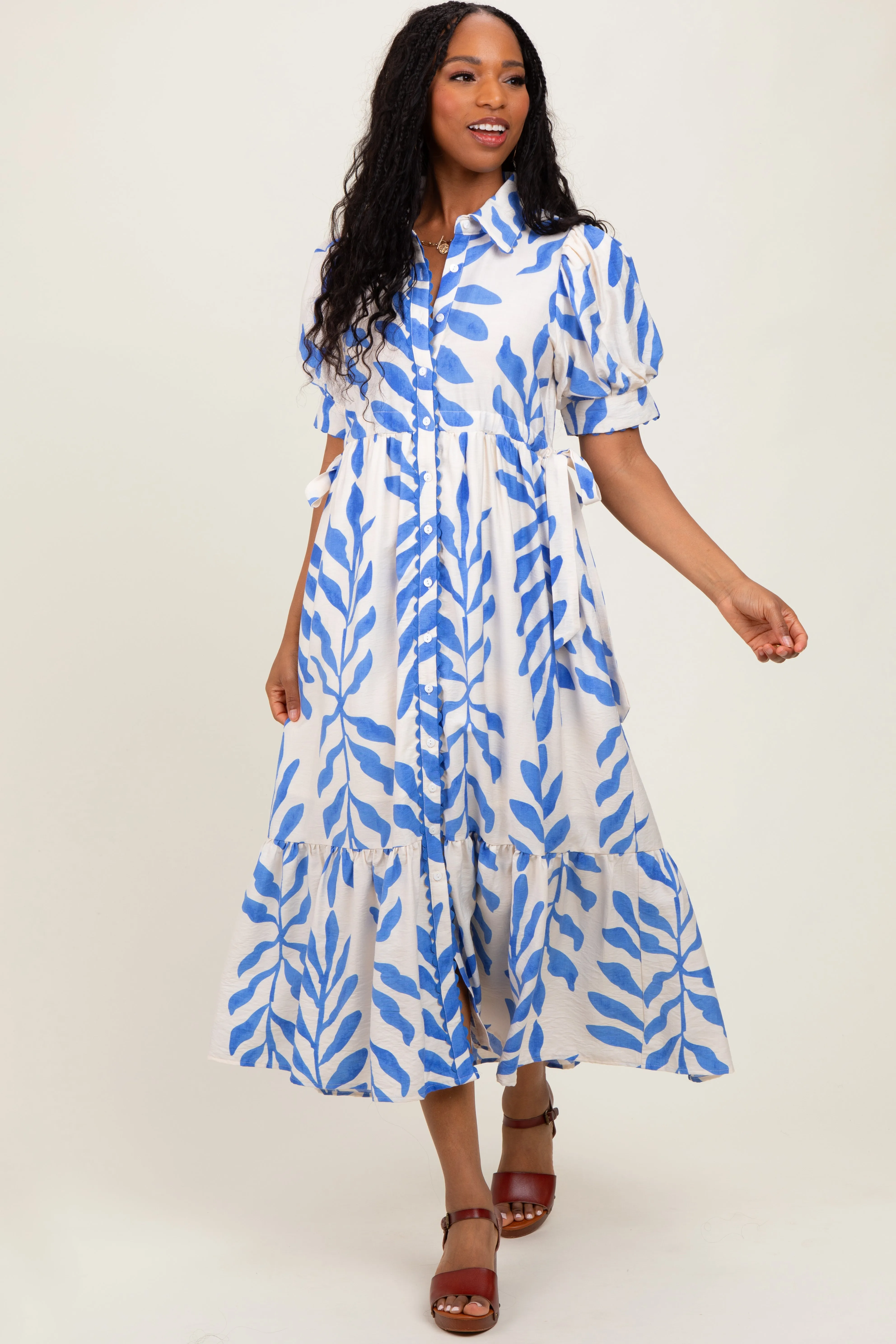 Blue Leaf Print Scallop Trim Midi Shirt Dress sold by Pinkblush product image thumbnail 2
