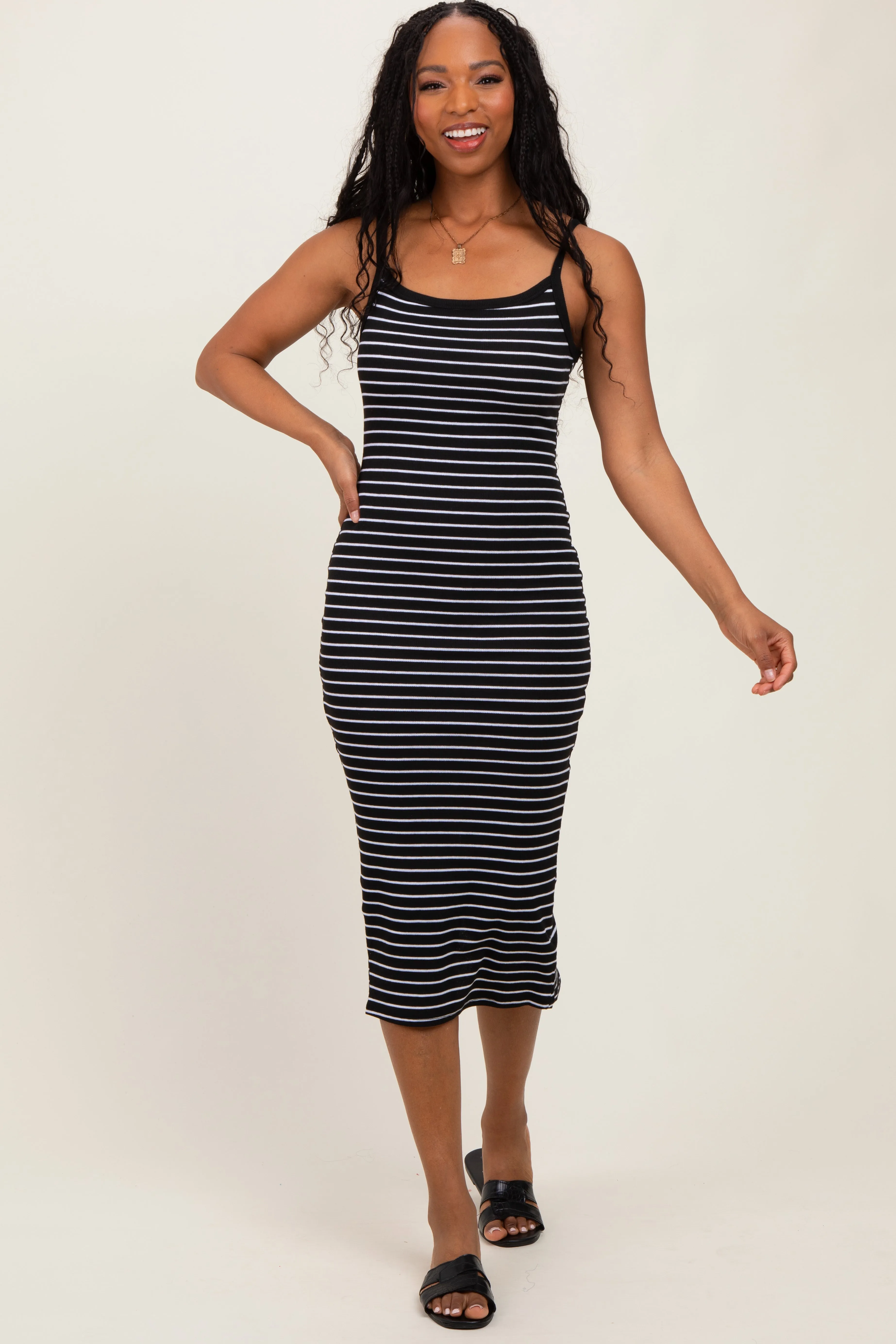 Black Striped Thin Strap Fitted Midi Dress sold by Pinkblush