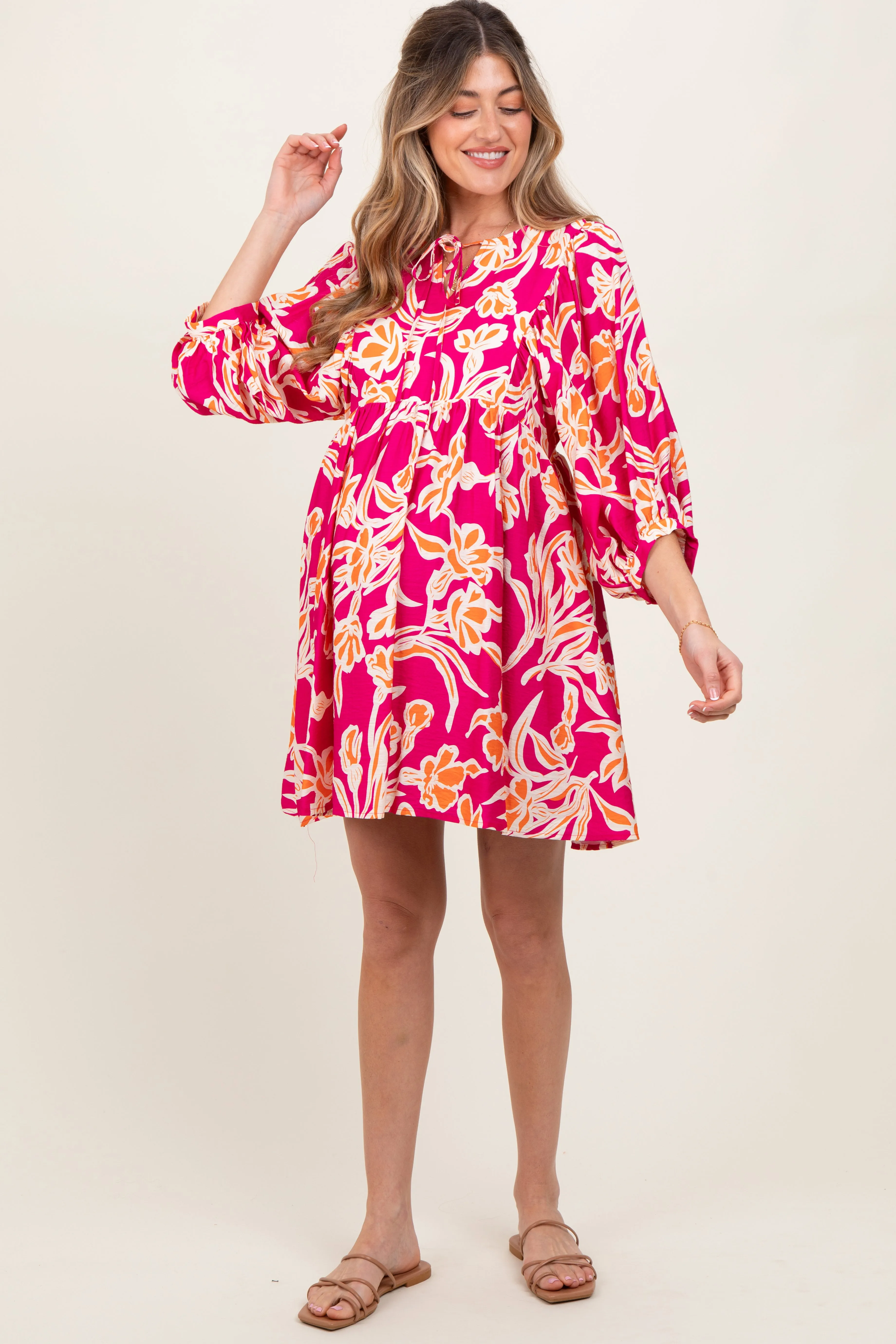 Fuchsia Print 3/4 Balloon Sleeve Maternity Dress sold by Pinkblush product image thumbnail 2