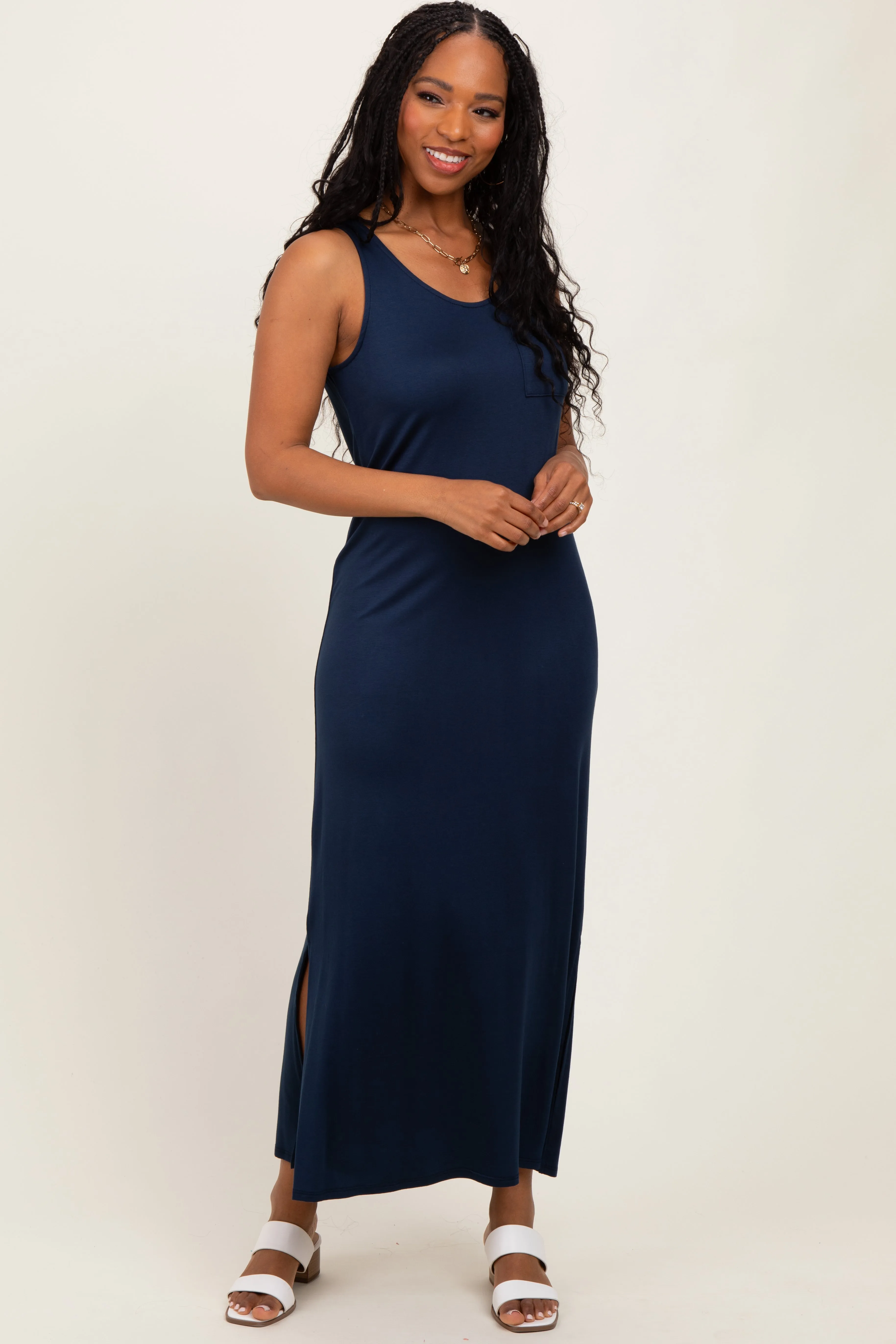 Navy Basic Pocket Sleeveless Maxi Dress sold by Pinkblush