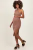 Mocha Halter Tied Criss-Cross Ribbed Maternity Midi Dress sold by Pinkblush