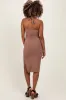 Mocha Halter Tied Criss-Cross Ribbed Maternity Midi Dress sold by Pinkblush