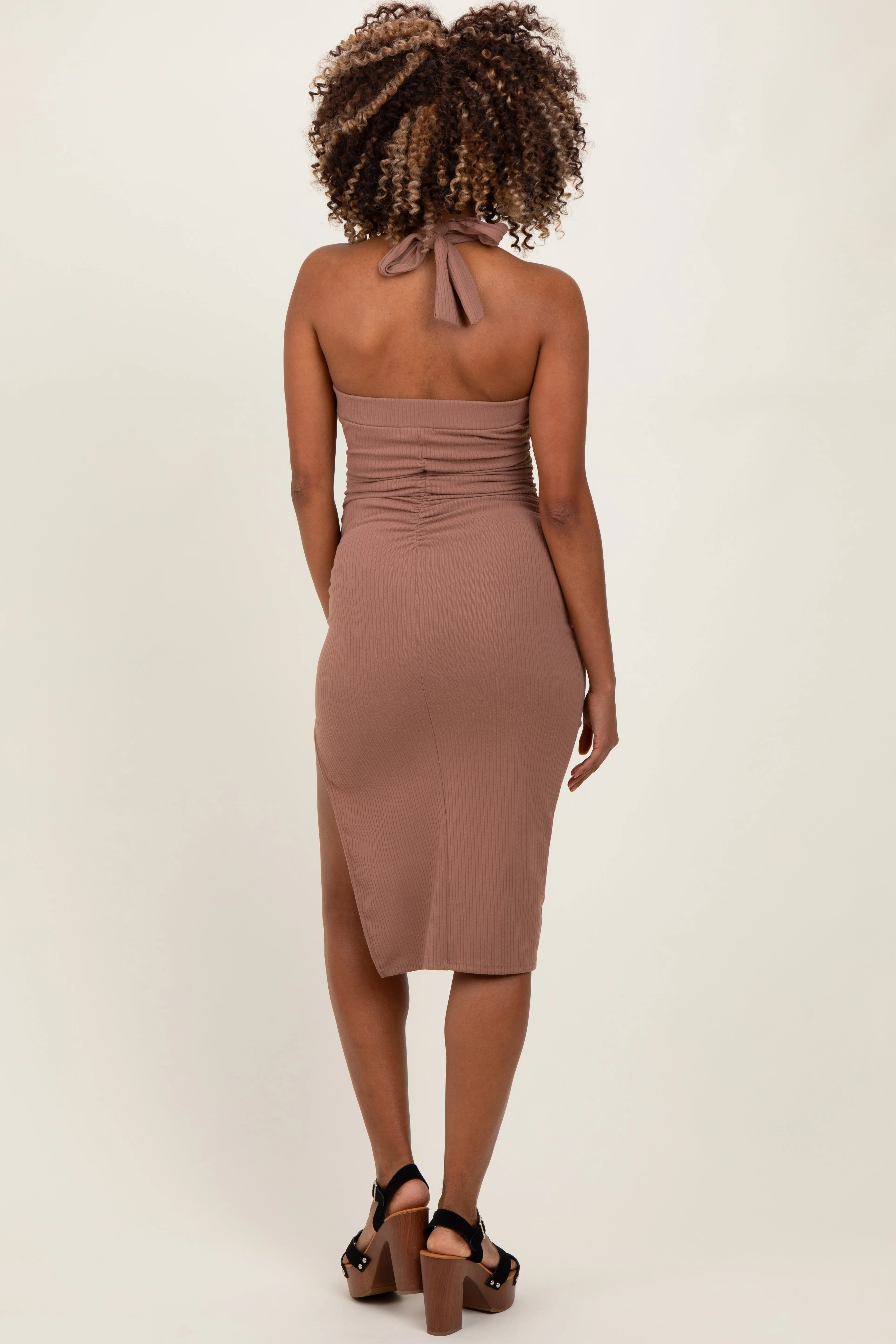 Mocha Halter Tied Criss-Cross Ribbed Maternity Midi Dress sold by Pinkblush product image thumbnail 3
