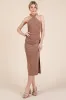 Mocha Halter Tied Criss-Cross Ribbed Maternity Midi Dress sold by Pinkblush