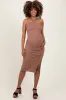 Mocha Halter Tied Criss-Cross Ribbed Maternity Midi Dress sold by Pinkblush