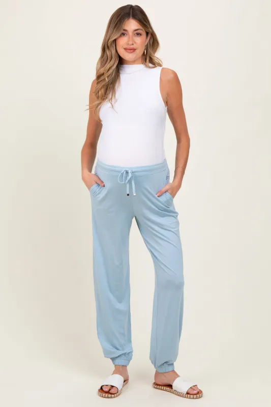 Light Blue Drawstring Maternity Jogger Pants sold by Pinkblush