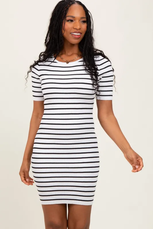White Striped Ribbed Knit Short Sleeve Mini Dress sold by Pinkblush