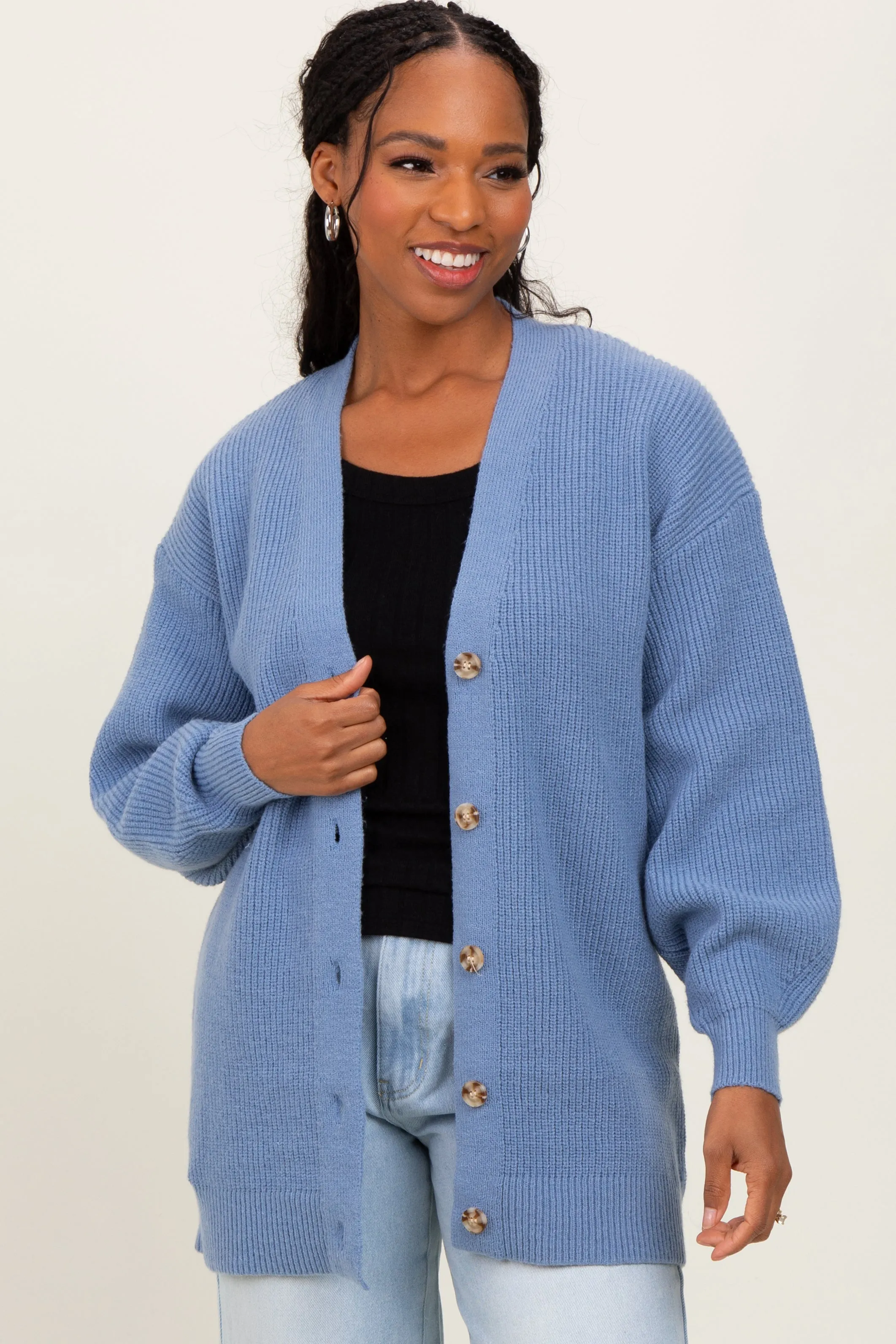 Blue Knit Oversized Button Down V-Neck Cardigan sold by Pinkblush