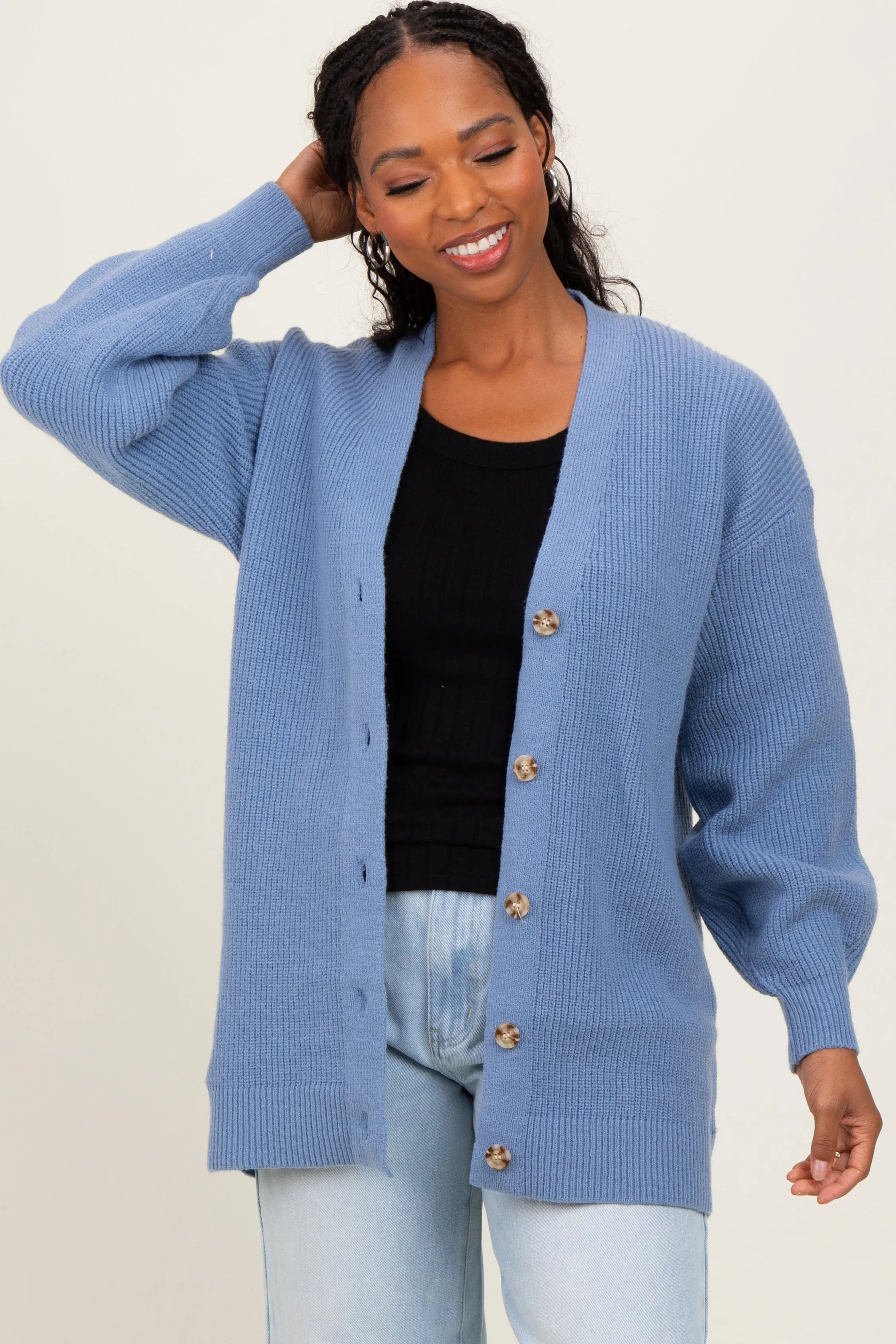 Blue Knit Oversized Button Down V-Neck Cardigan sold by Pinkblush product image thumbnail 2