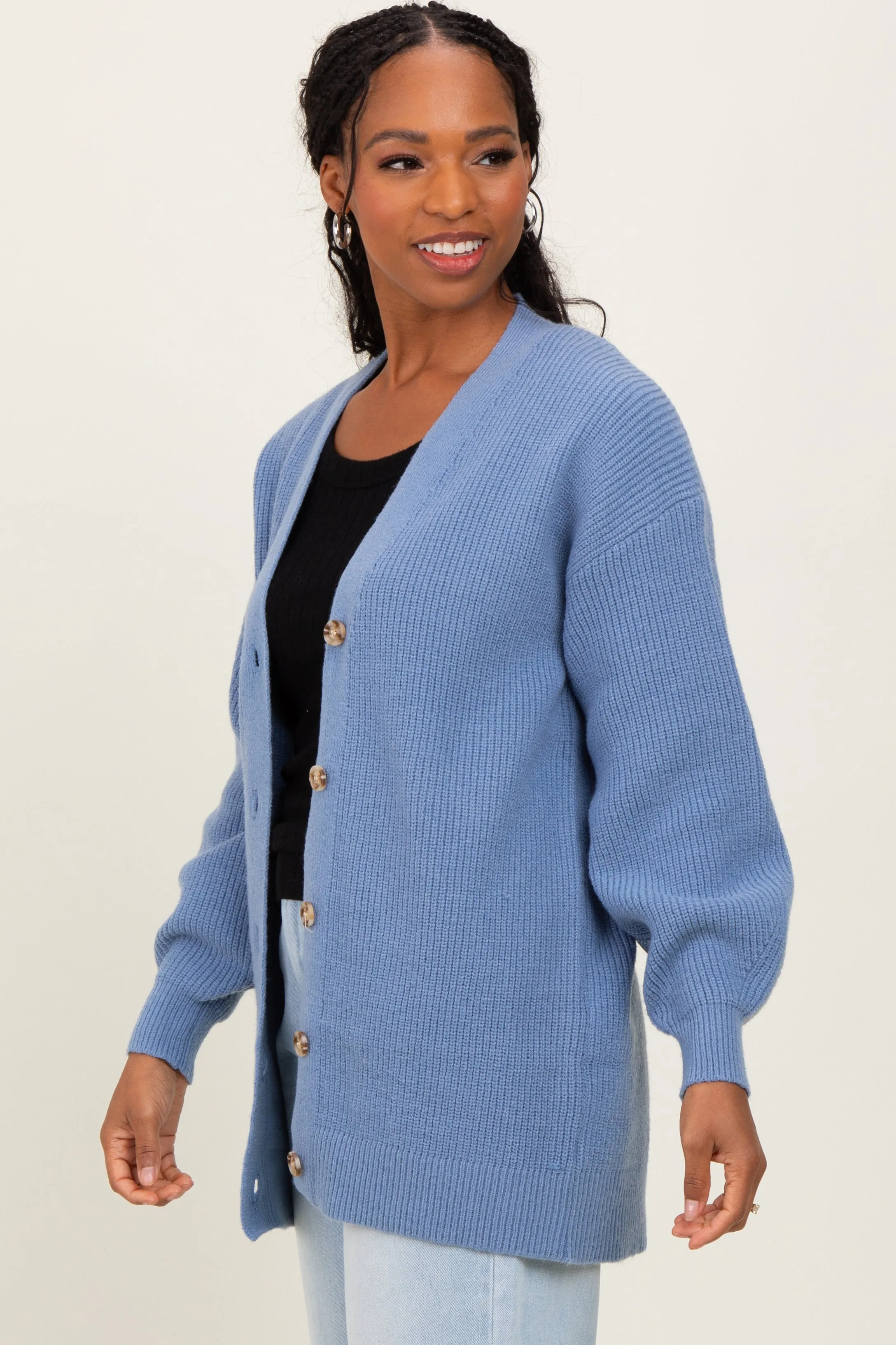 Blue Knit Oversized Button Down V-Neck Cardigan sold by Pinkblush product image thumbnail 3
