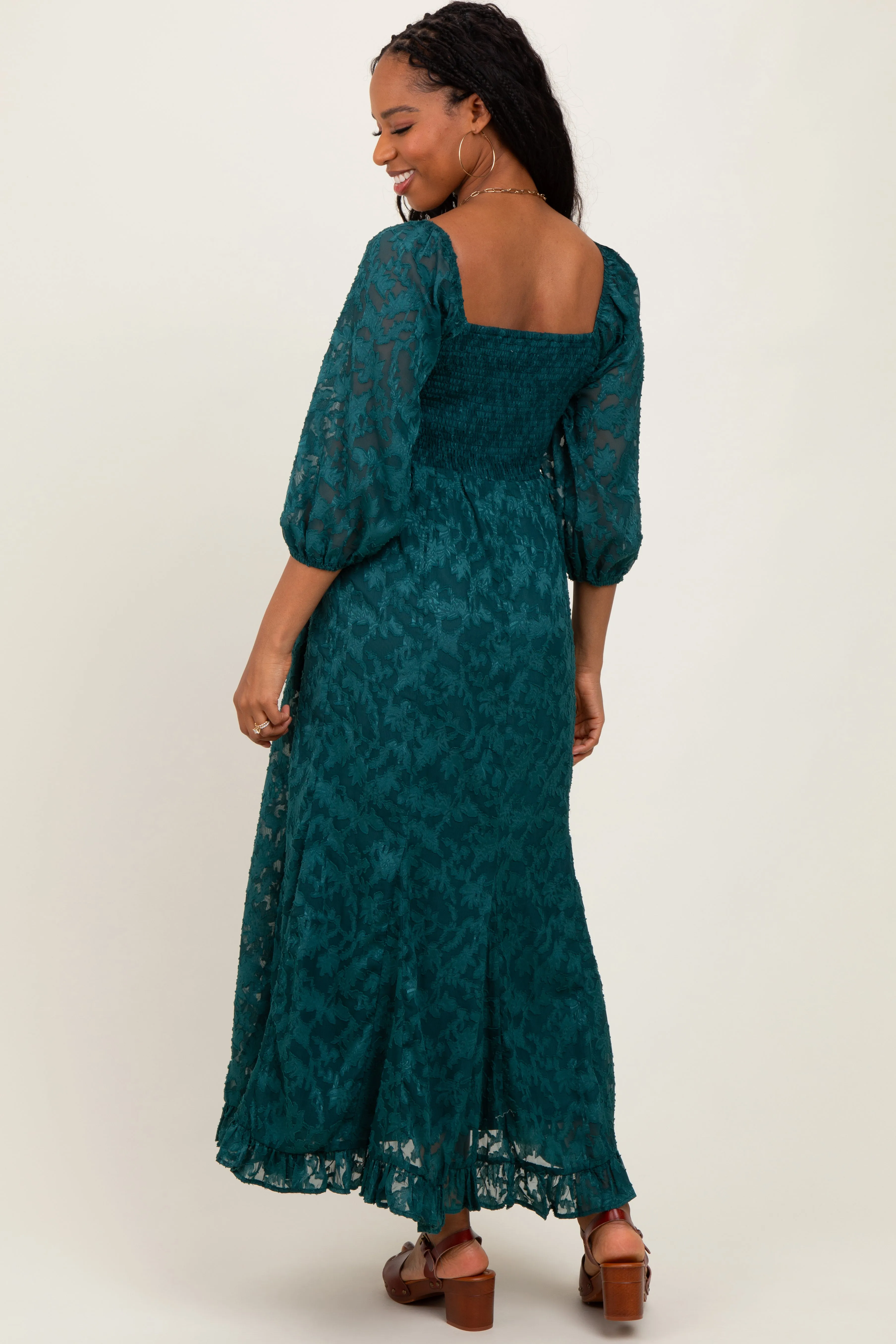 Forest Green Textured Overlay Smocked Ruffled Hem Maxi Dress sold by Pinkblush product image thumbnail 4